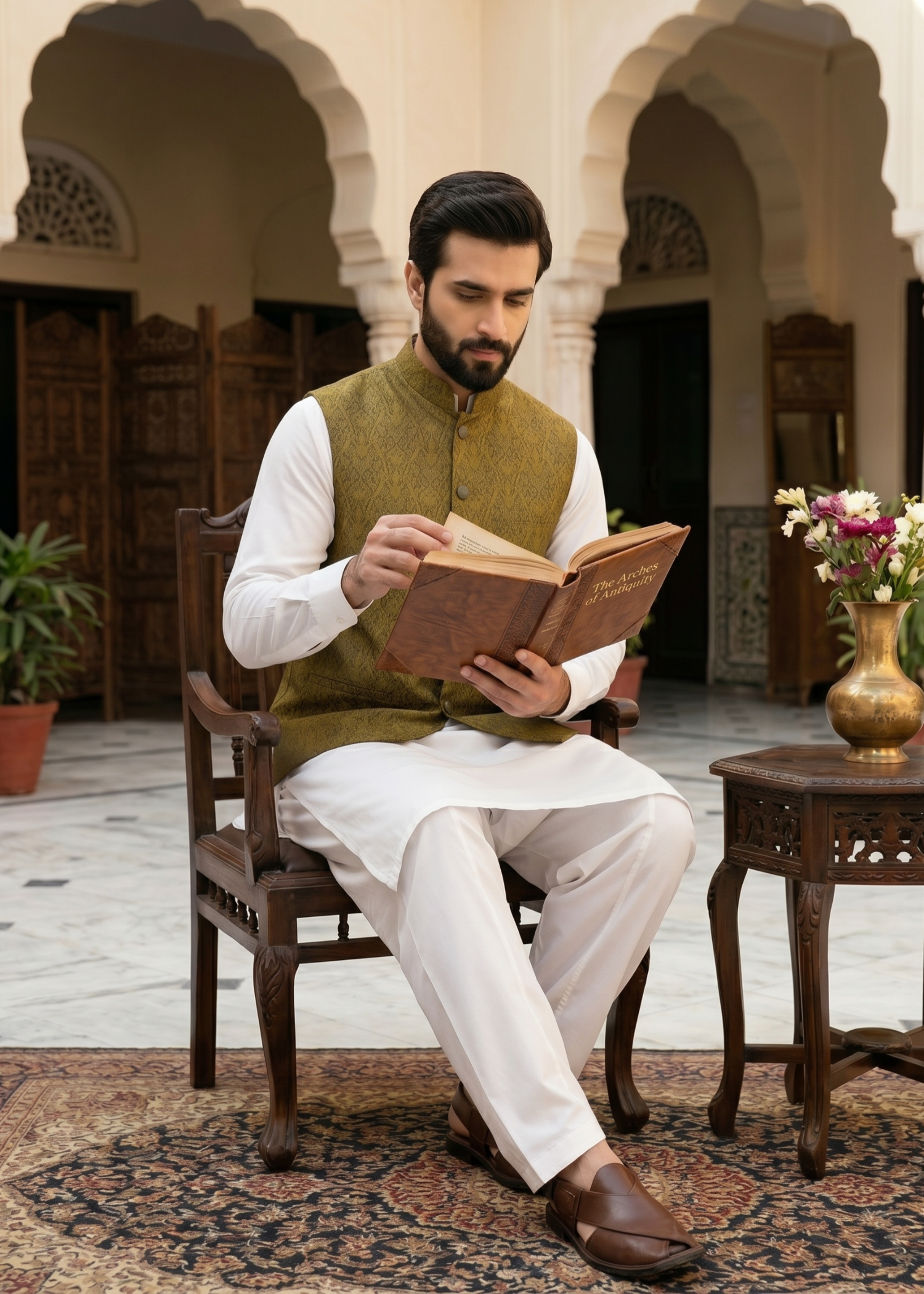 banarsi silk Waistcoat in Olive green