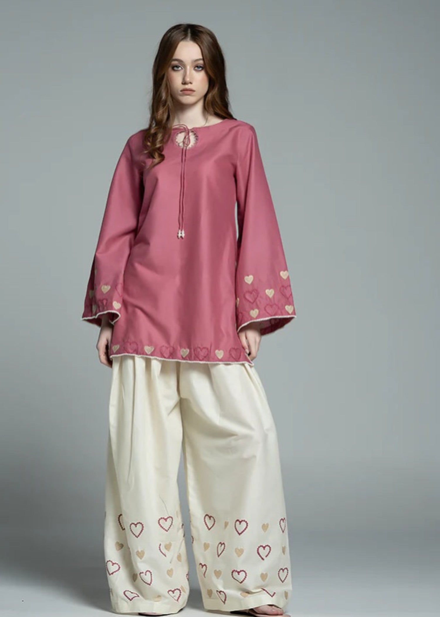 cotton Kurta Set in White, tea rose pink
