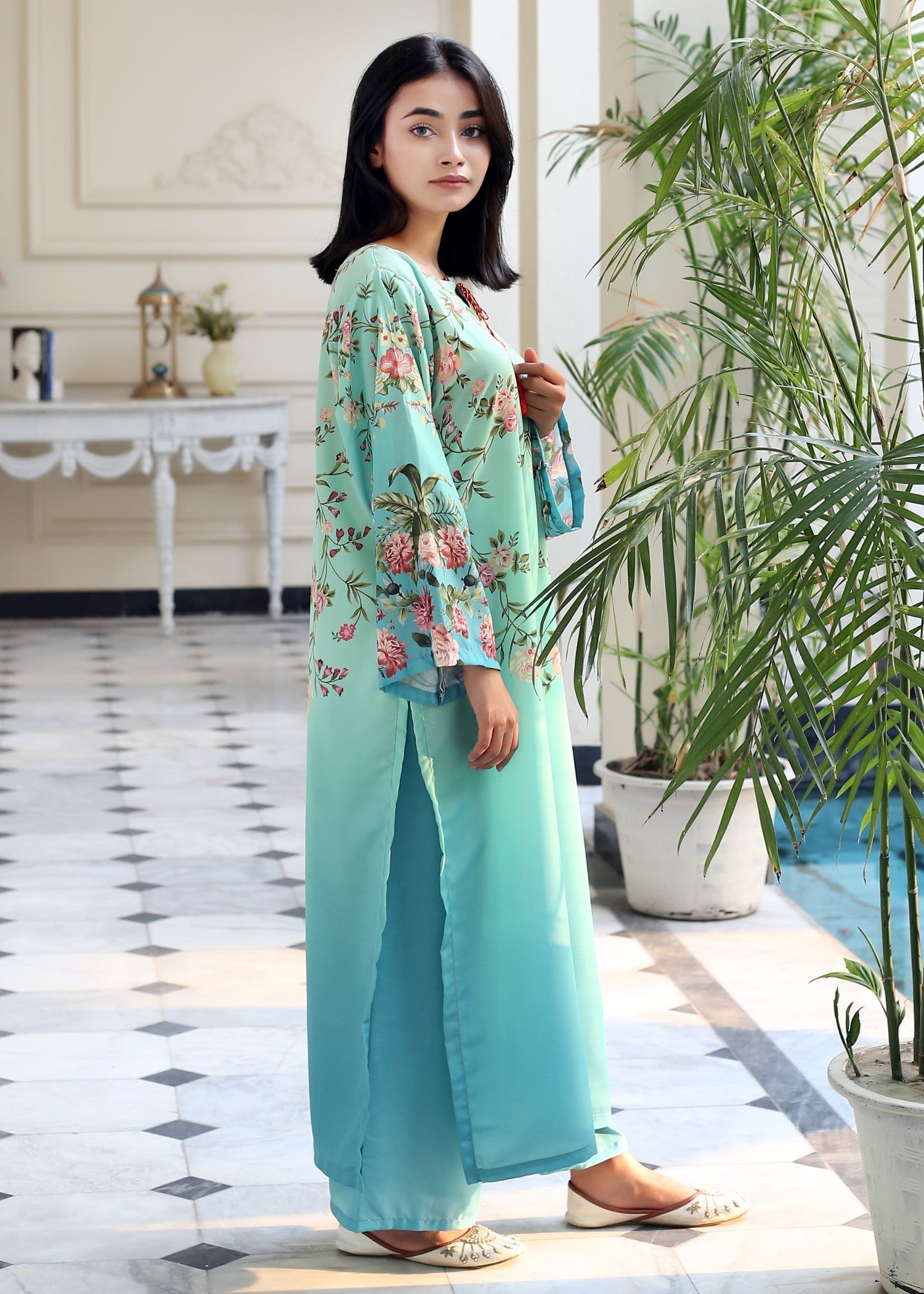 poly lawn Kurta Set in Aquamarine