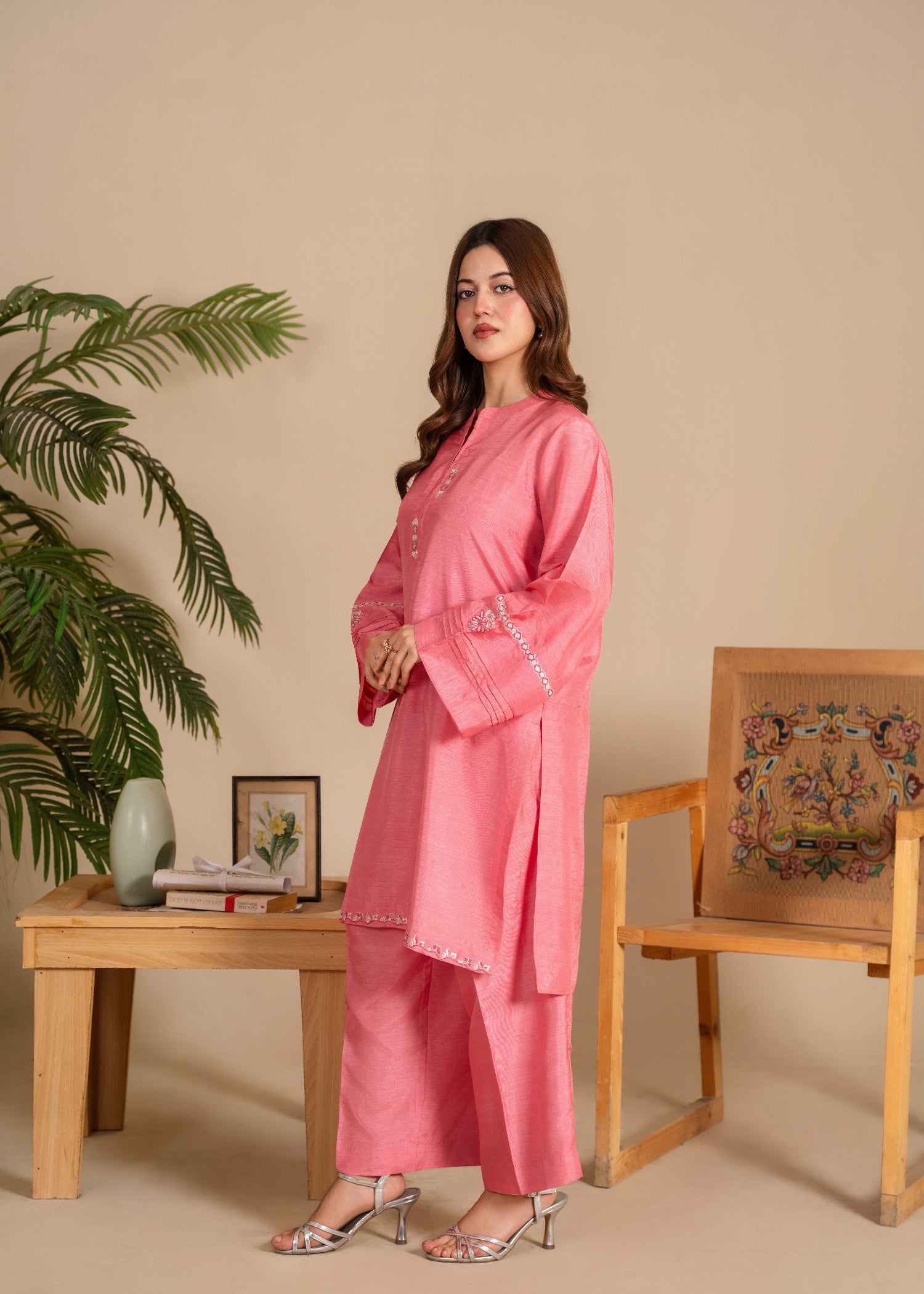 raw silk Kurta Set in Cotton candy pink