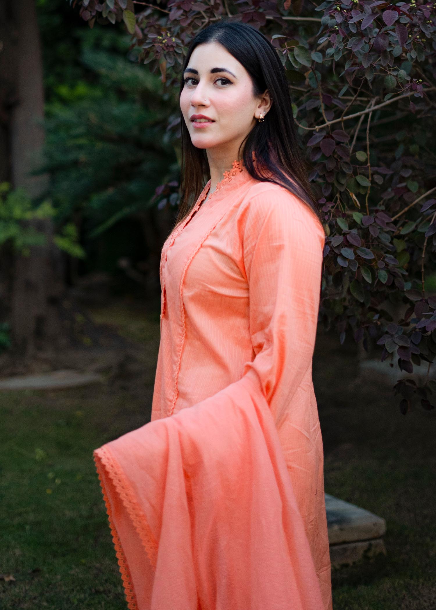 slub cambric Kurta Set in Coral orange