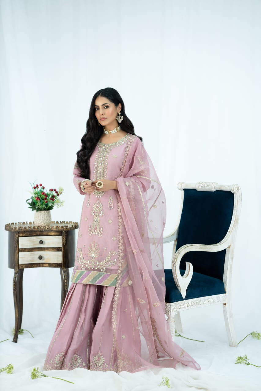 organza Gharara in Pink