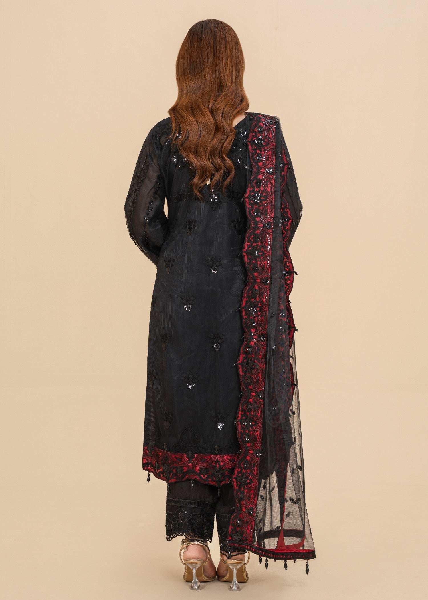 polyester net Kurta Set in Jet black