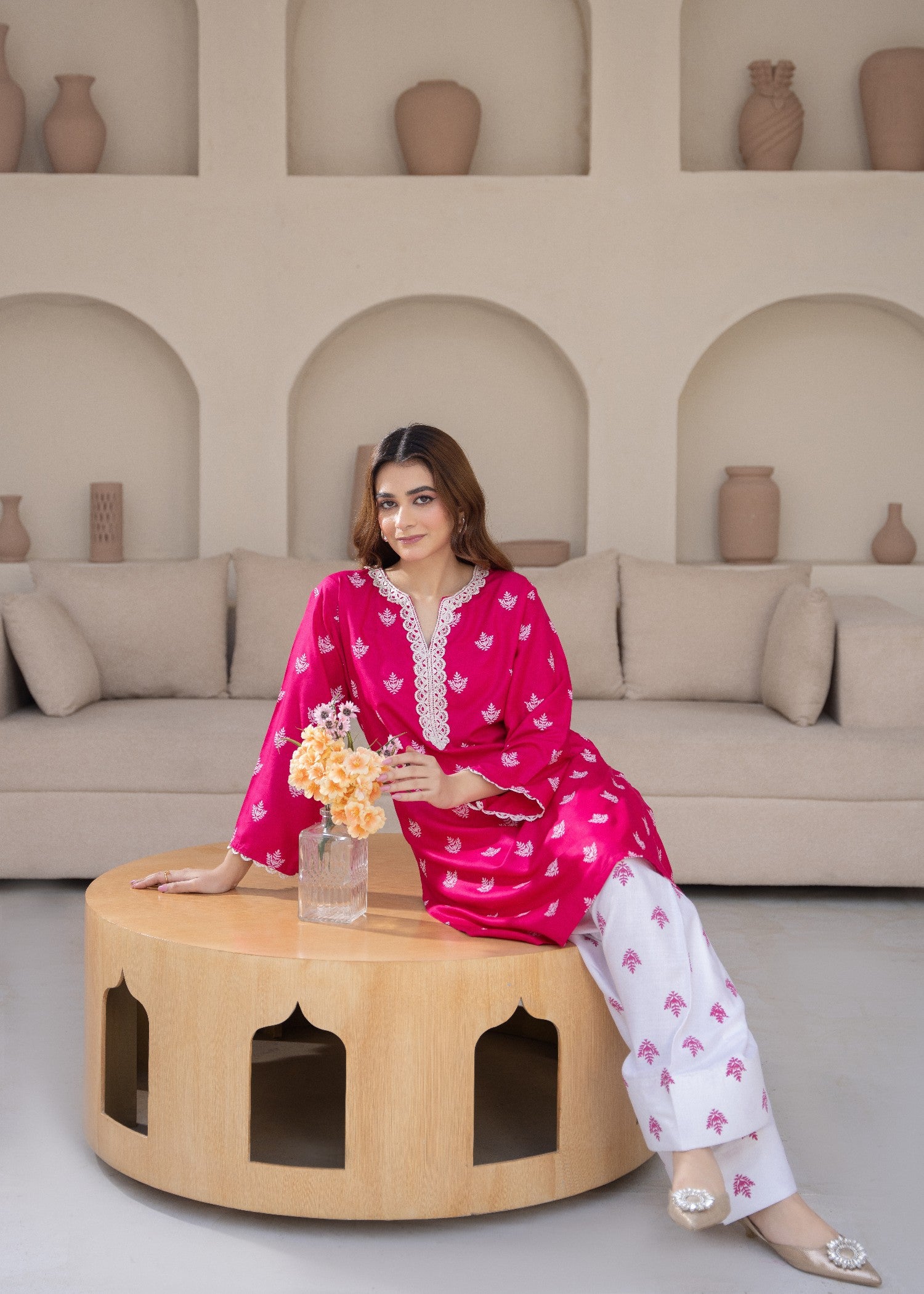 linen Kurta Set in White, hot pink red