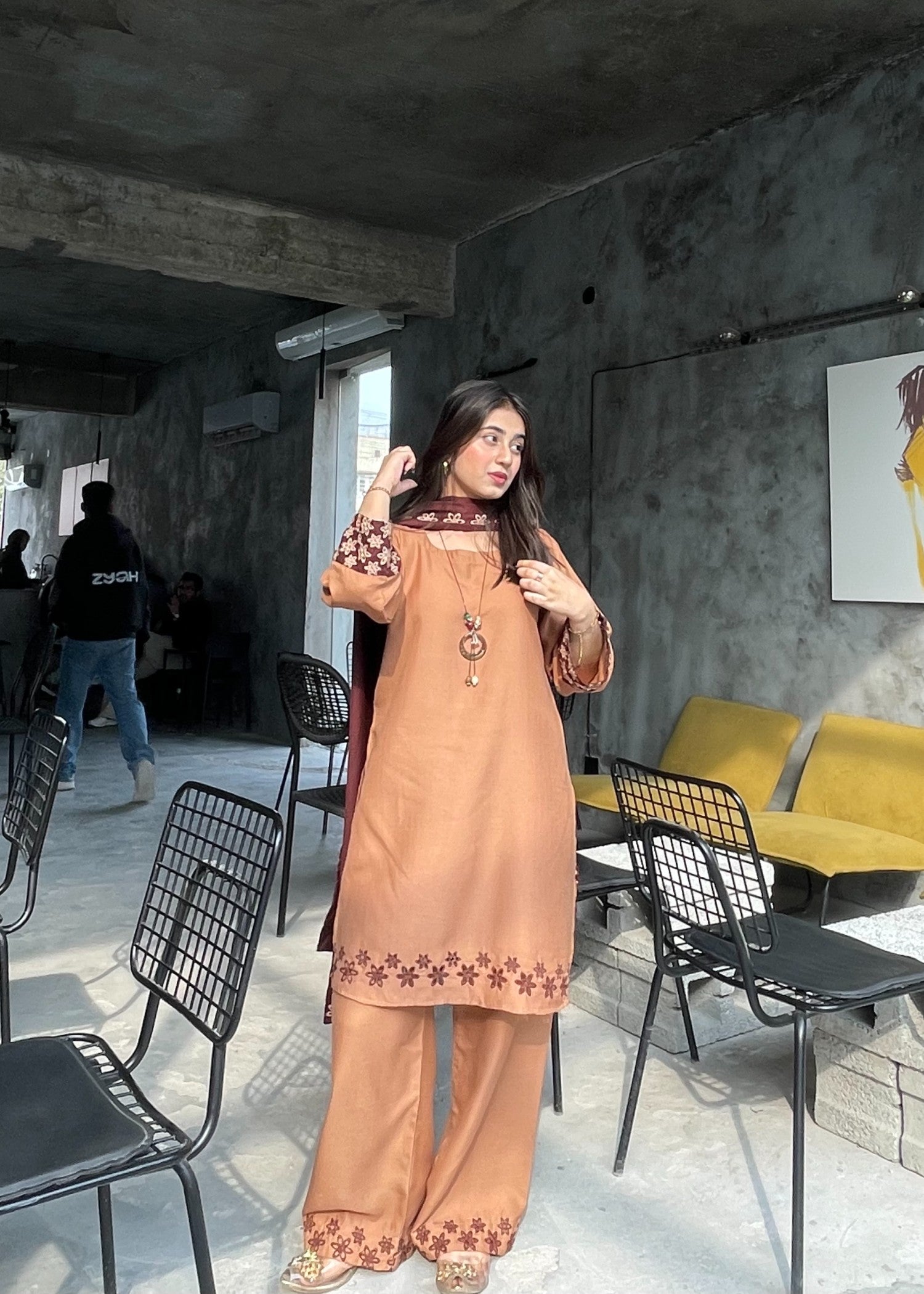 dhanak Kurta Set in Tan brown