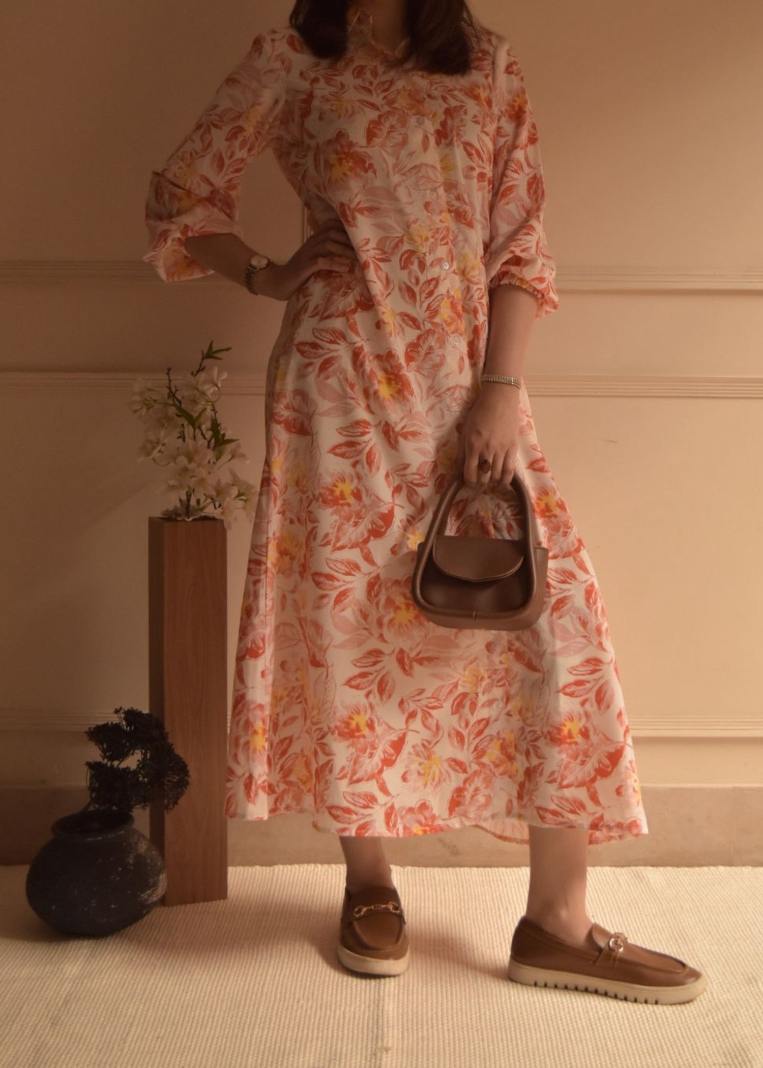 georgette Dress in Peach pink, off-white