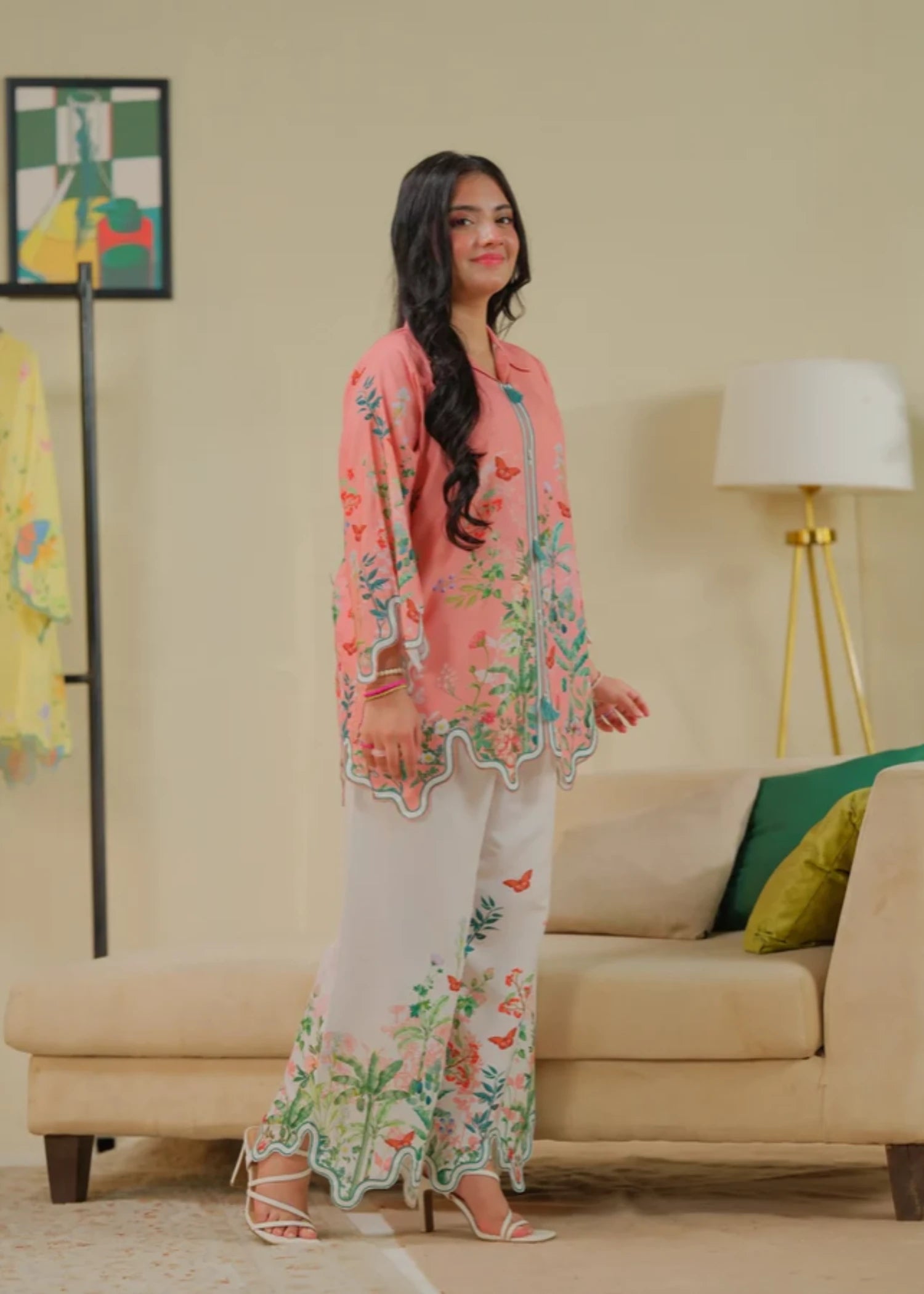cambric Kurta Set in Peach pink