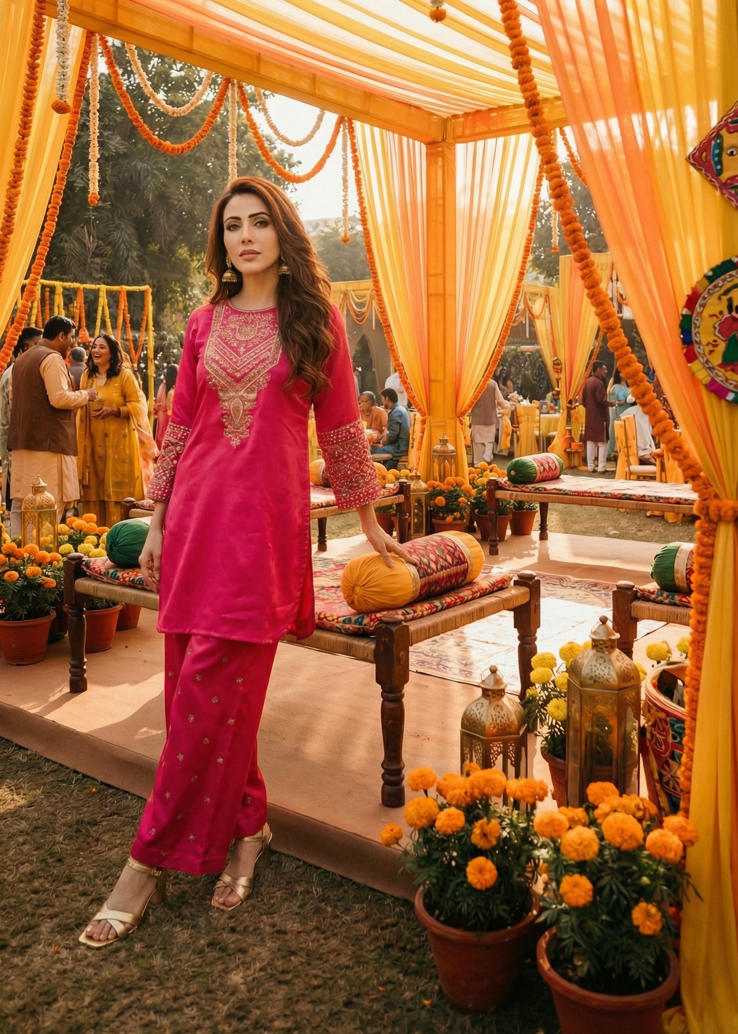 raw silk Kurta Set in Hot pink