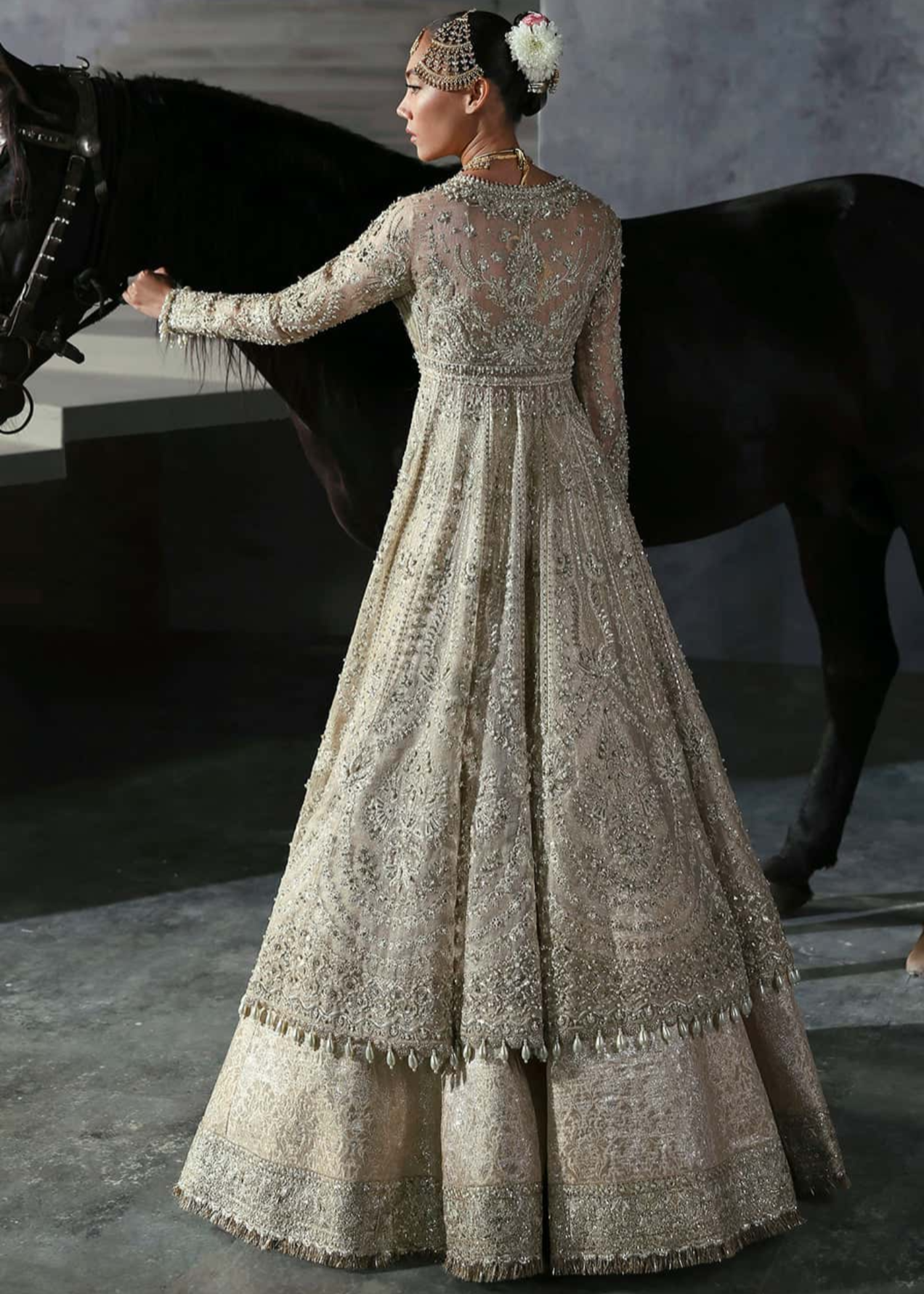 khaddi net Lehenga in Champagne