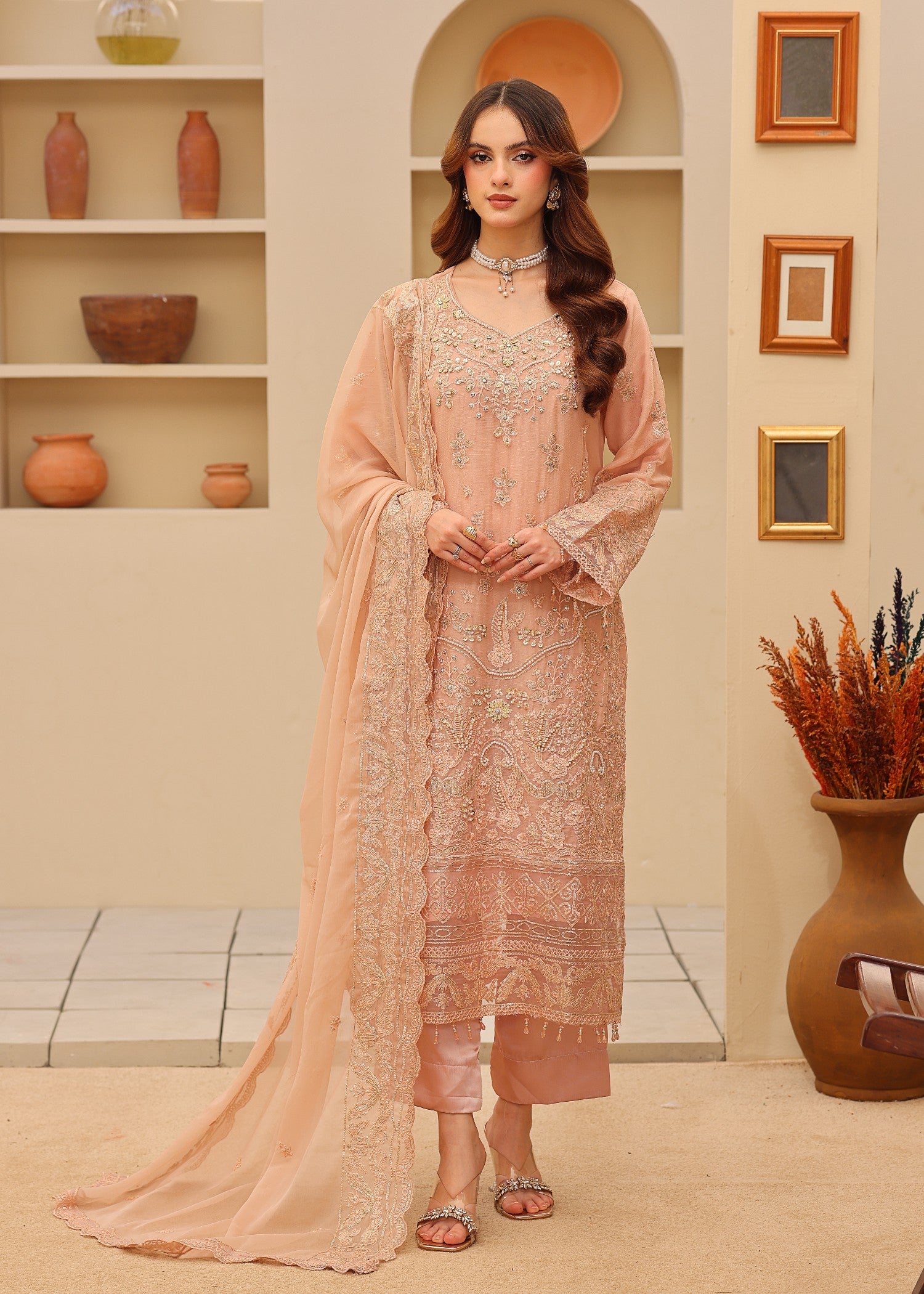 chiffon Kurta Set in Peach orange