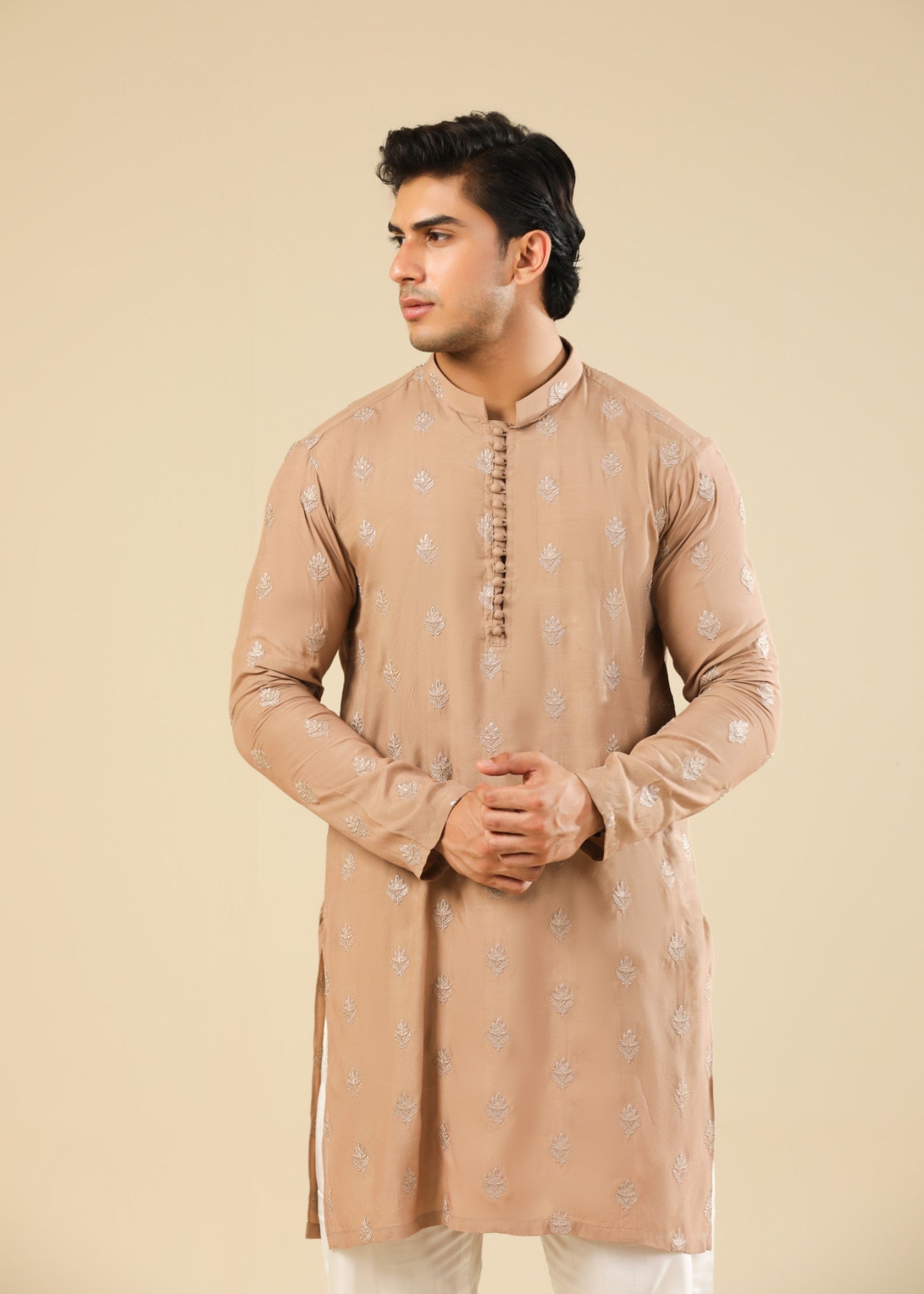 raw silk Kurta Set in White, peach orange by Muraqsh