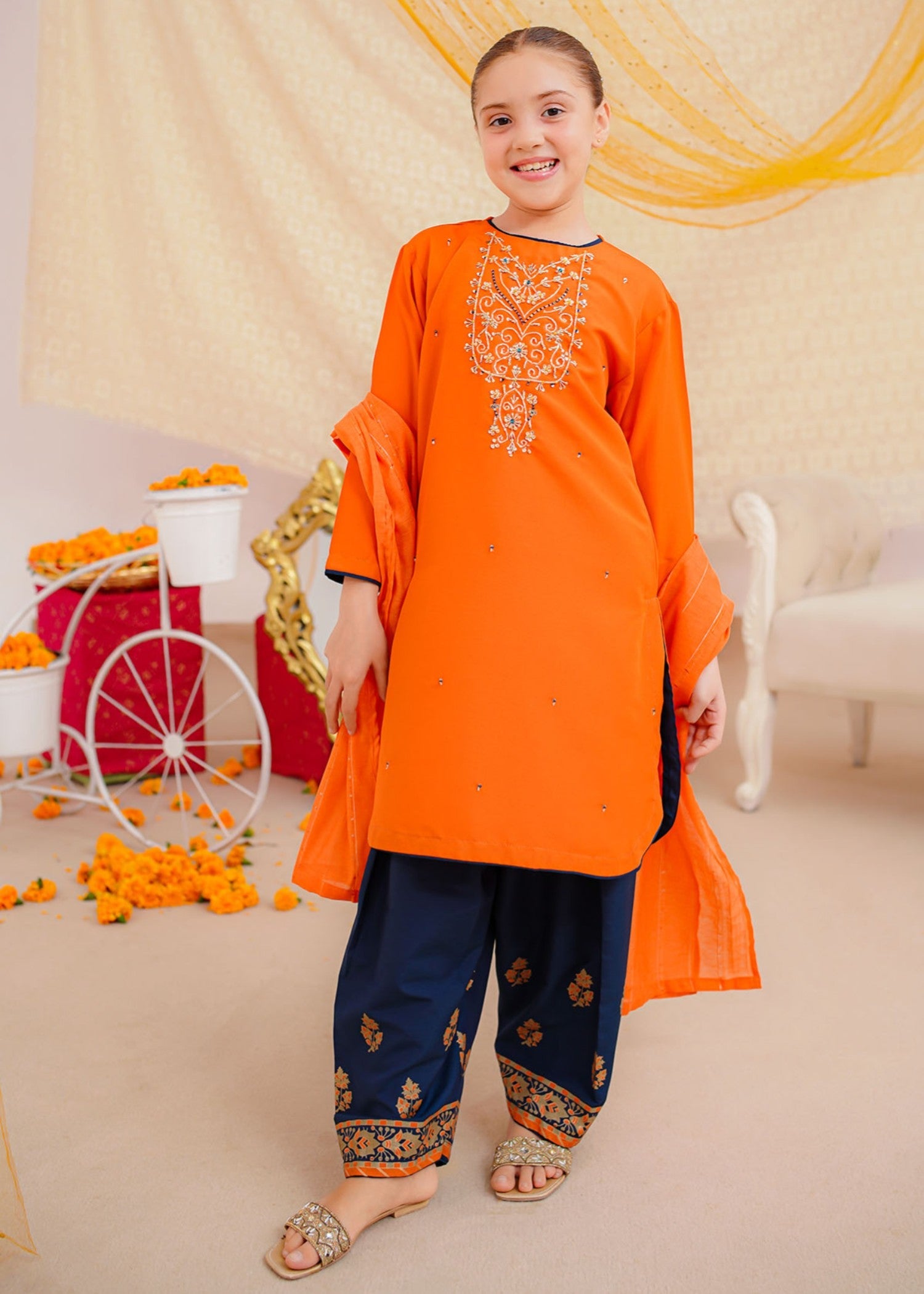 raw silk Kurta Set in Orange, navy blue