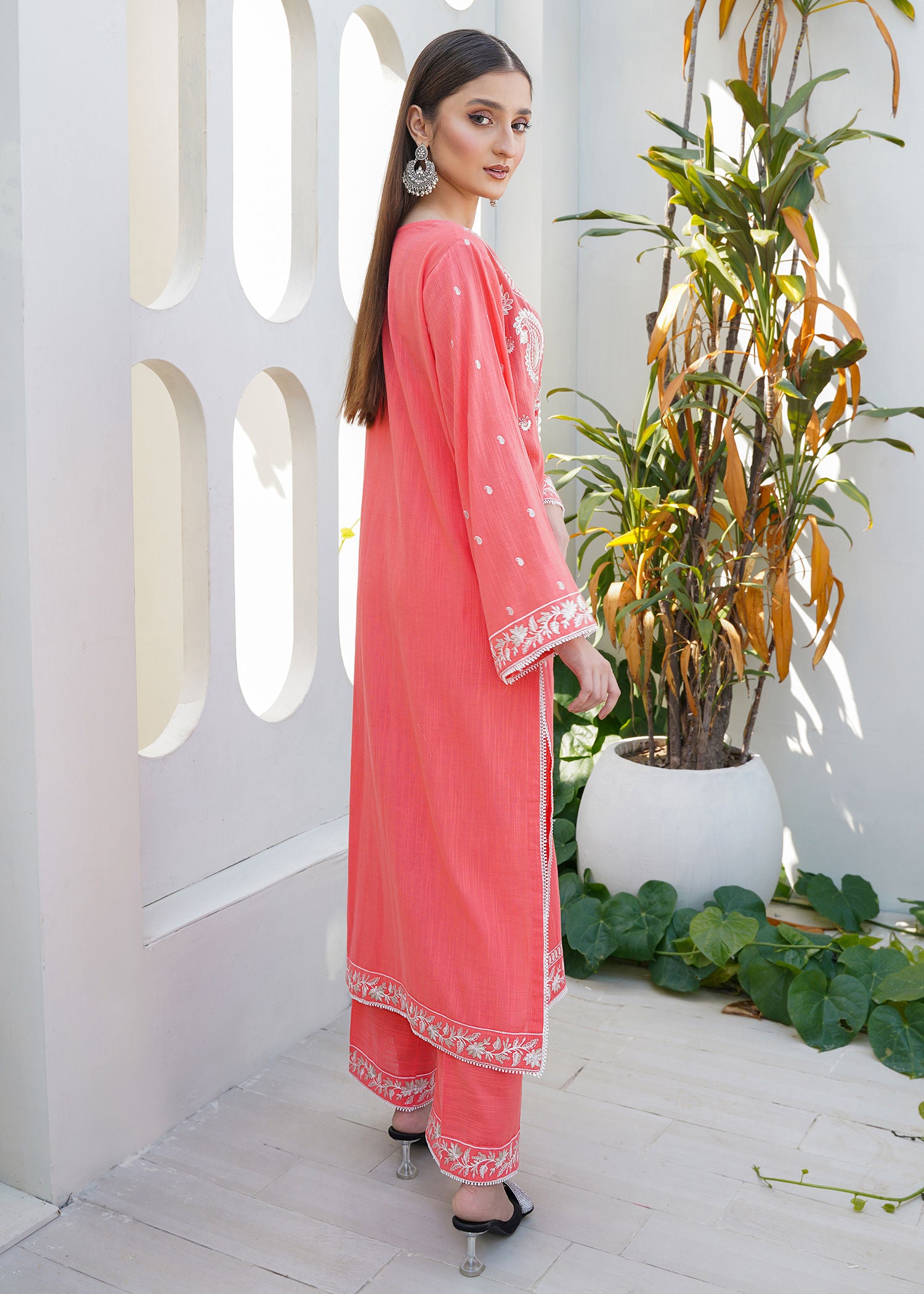 cotton karandi Kurta Set in Coral pink
