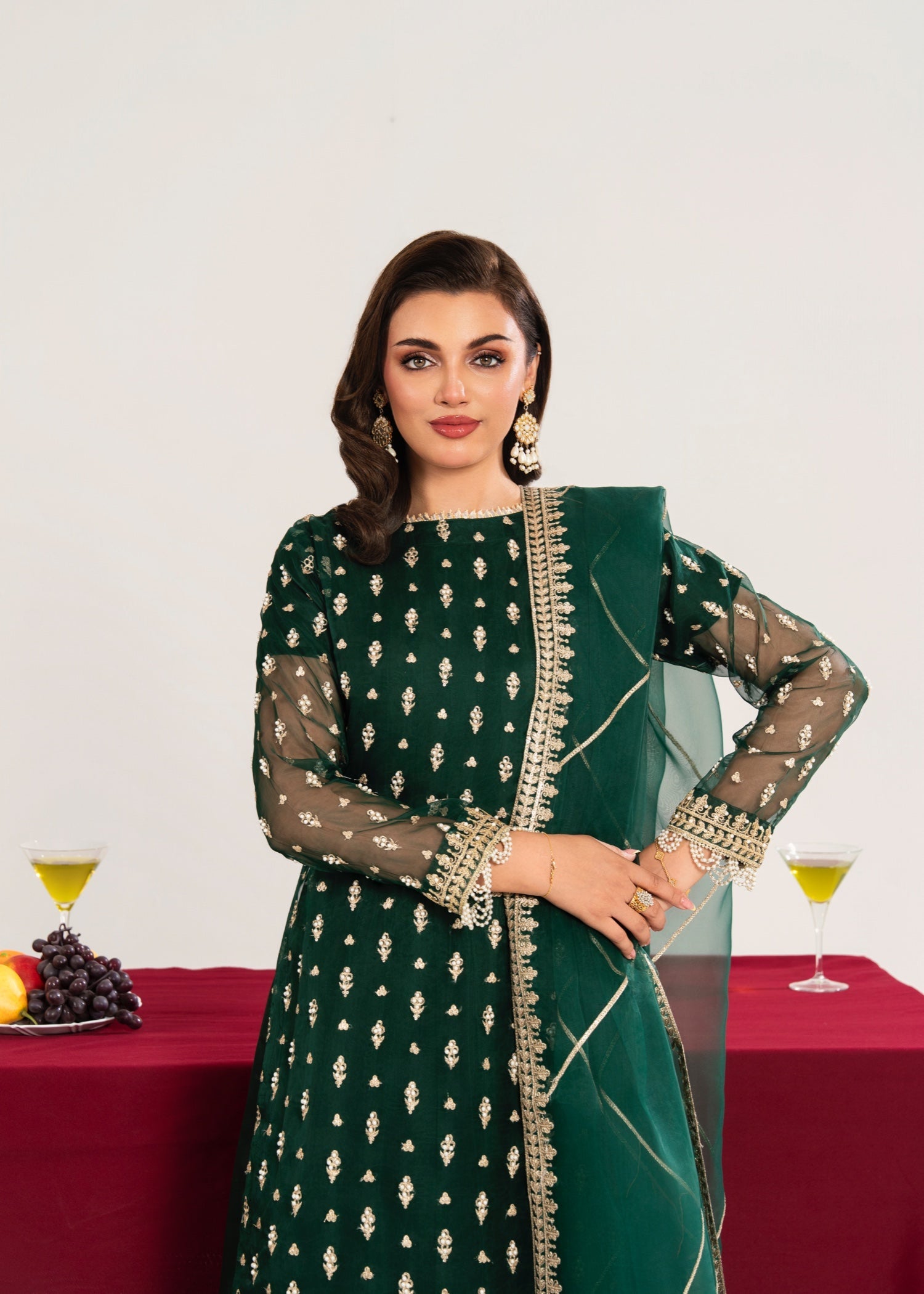 kattan silk Pishwas in Dark green