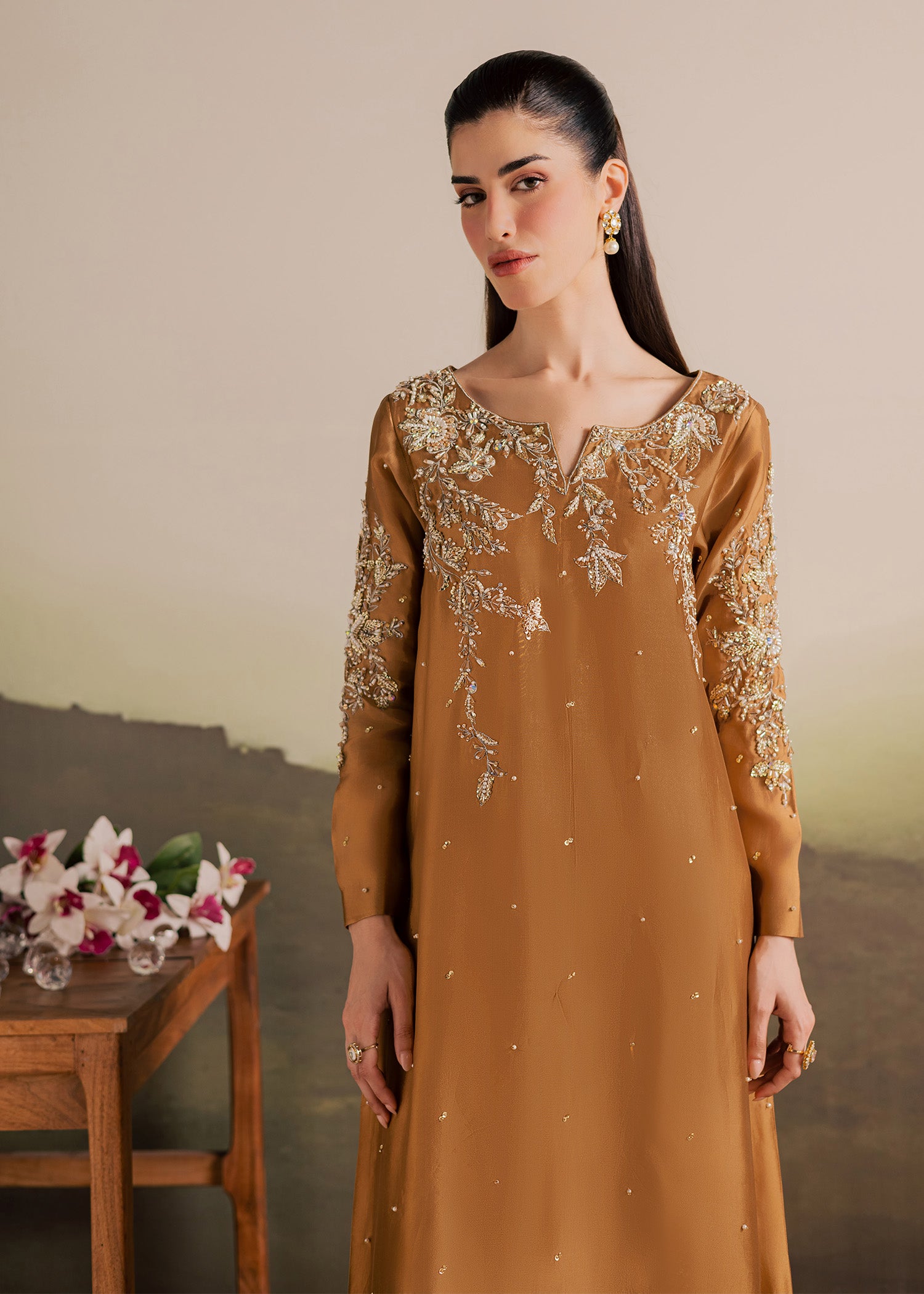 tussar silk Kaftan in Caramel brown