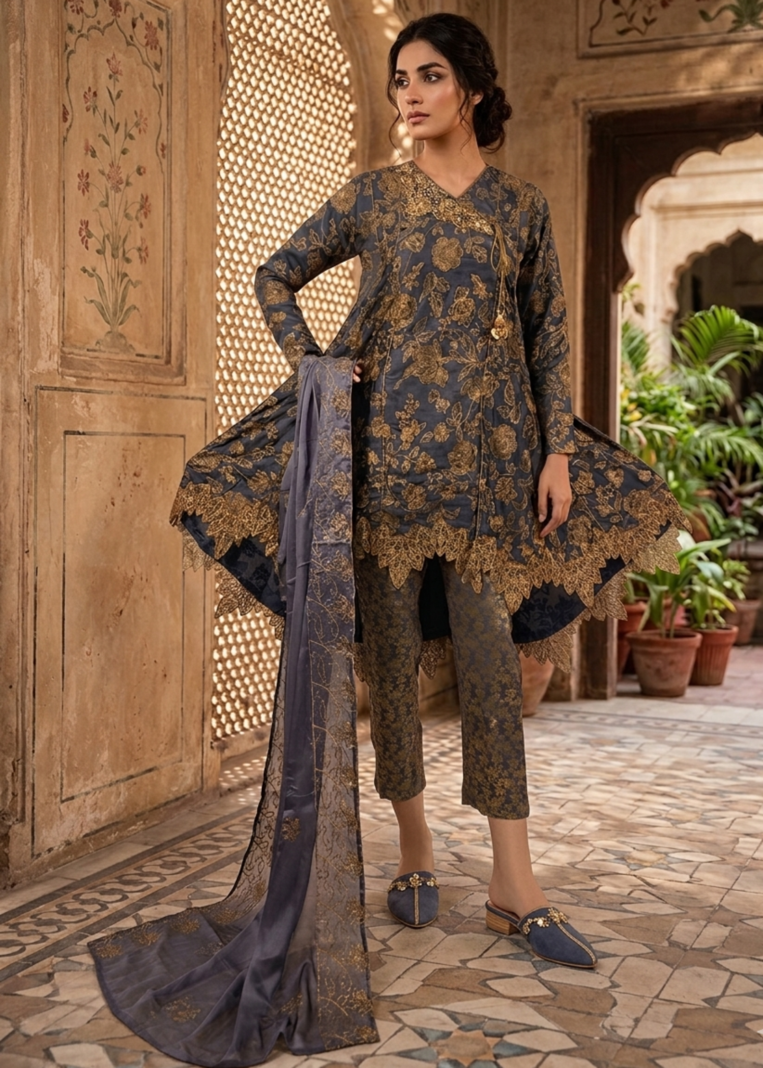 silk Angrakha in Grey