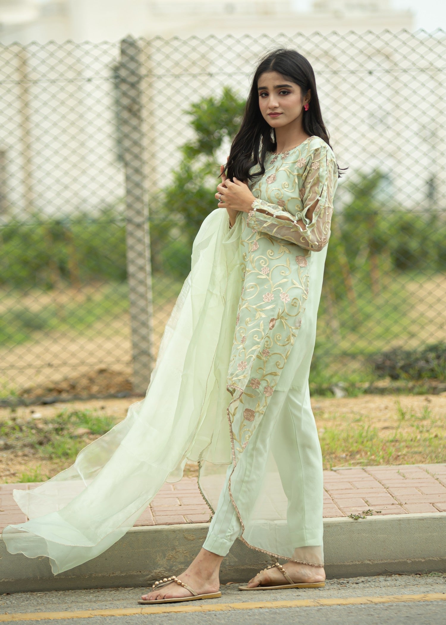 organza Short Frock in Tea green