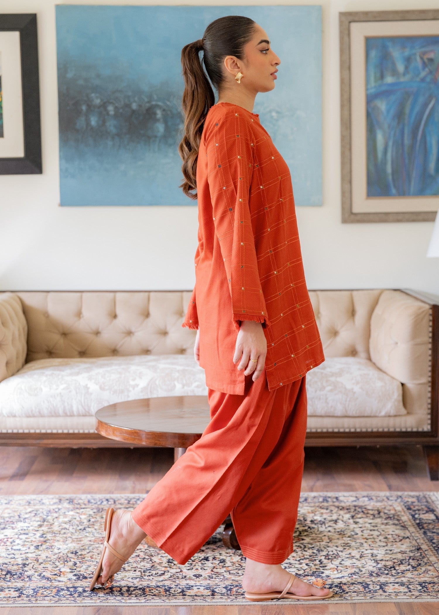 dobby Kurta Set in Pumpkin orange