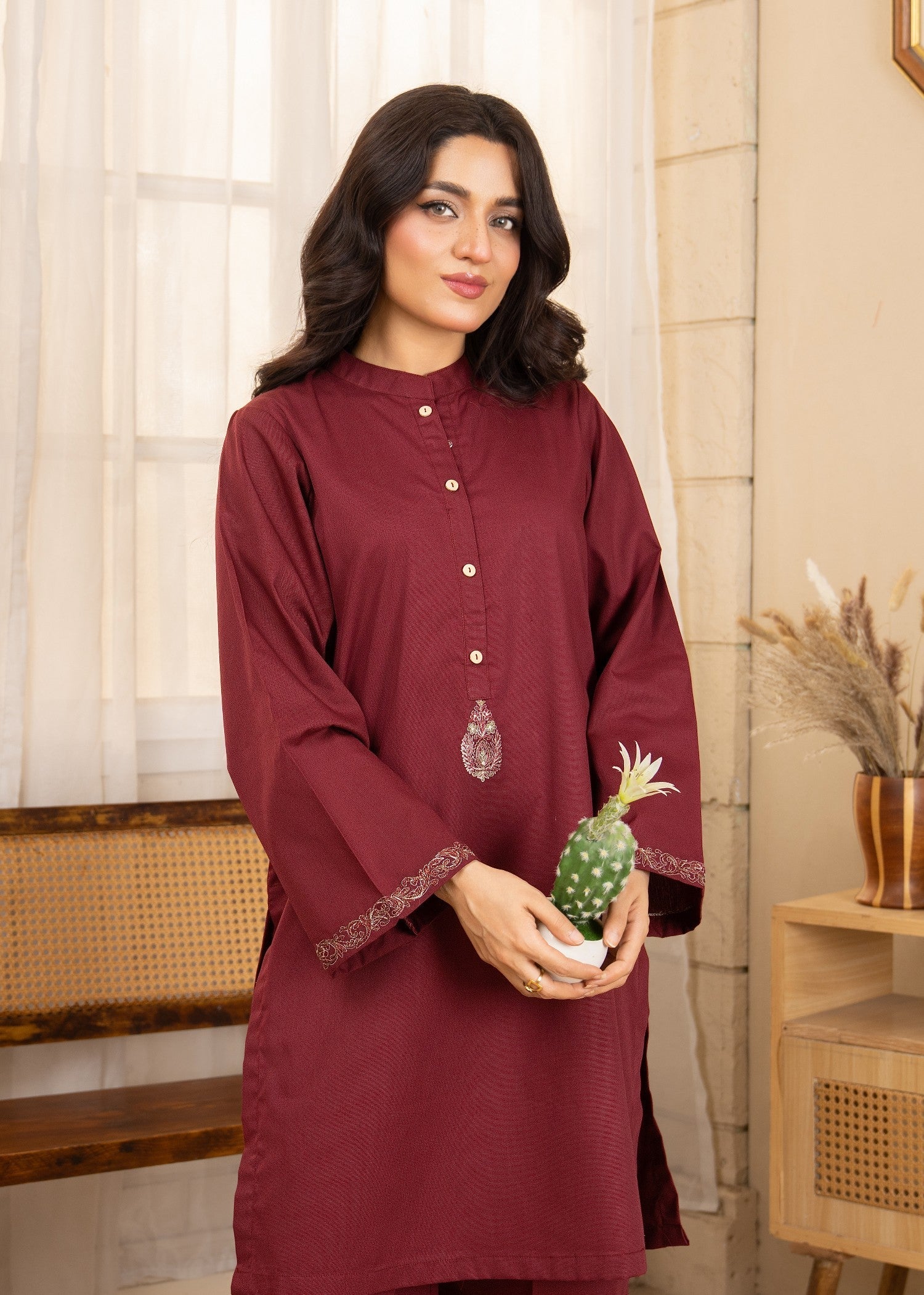 twill khaddar Kurta Set in Maroon