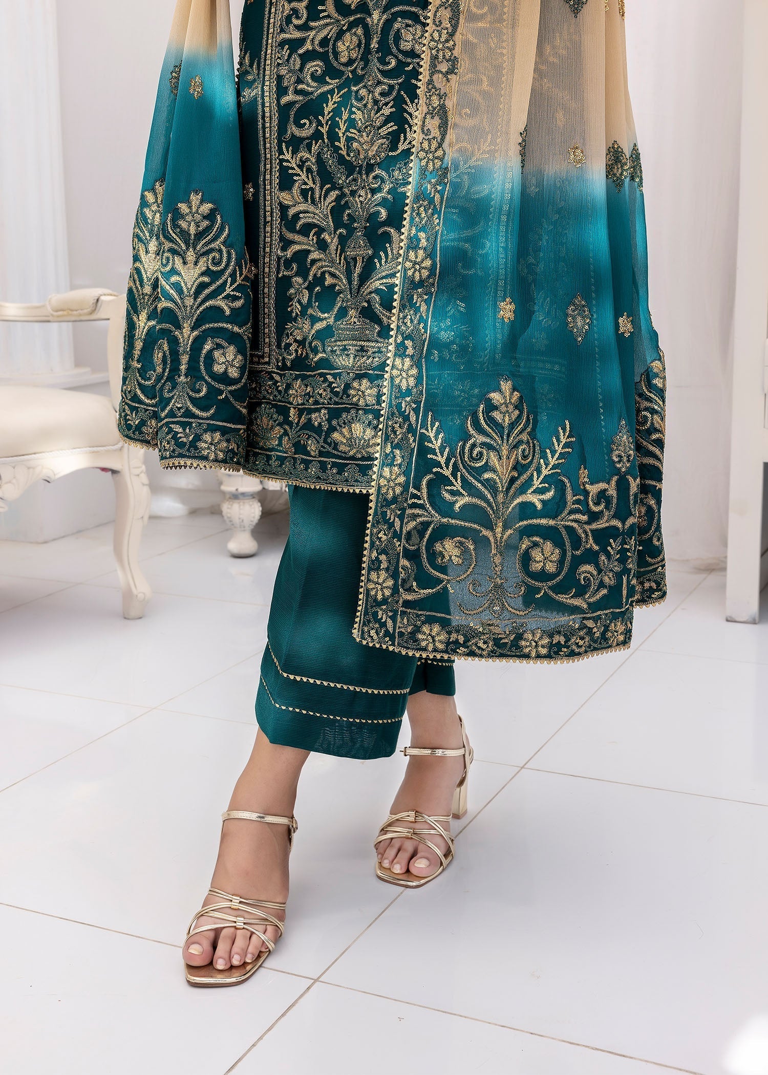 chiffon Kurta Set in Emerald green