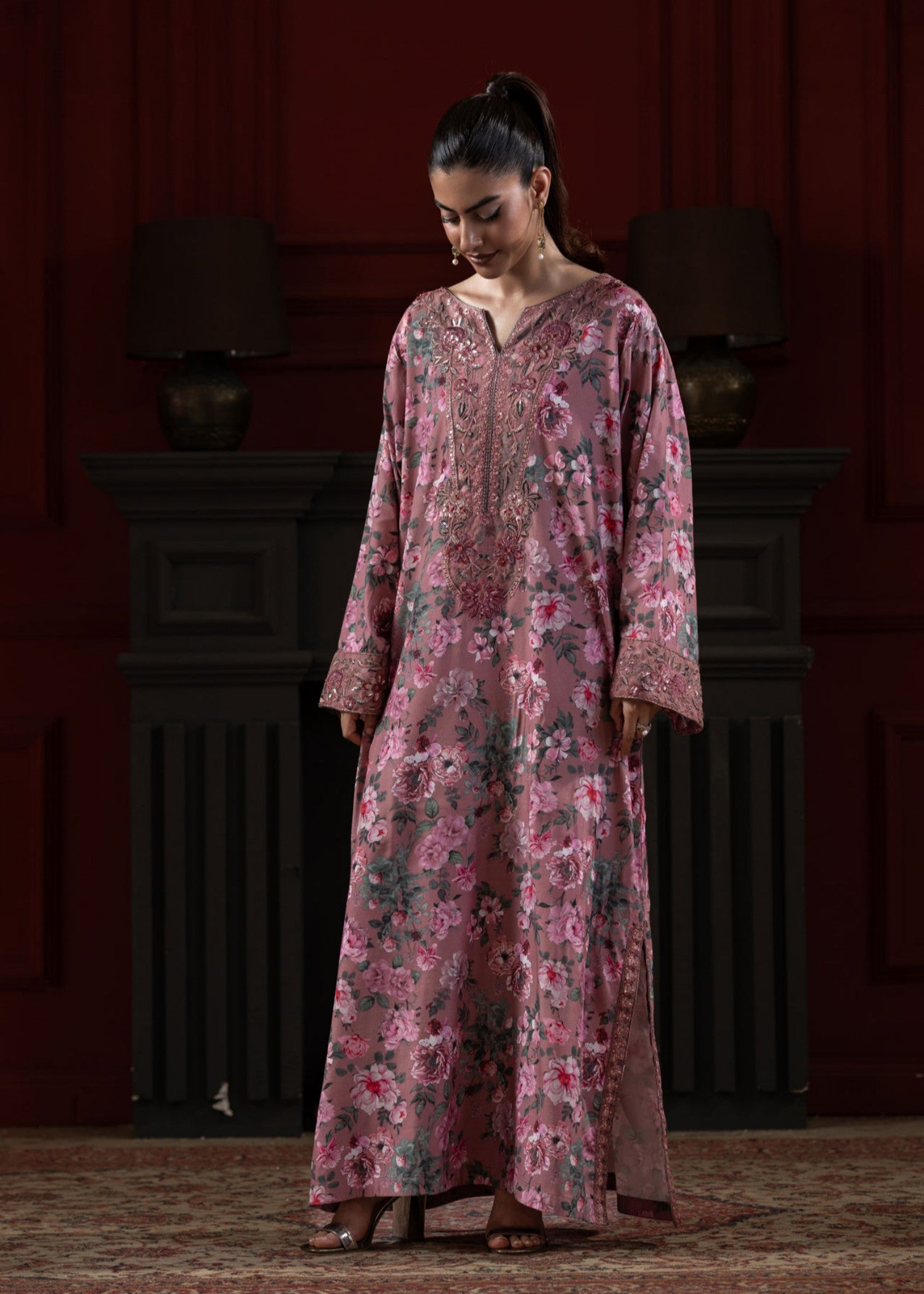 raw silk Kaftan in Zinnia pink