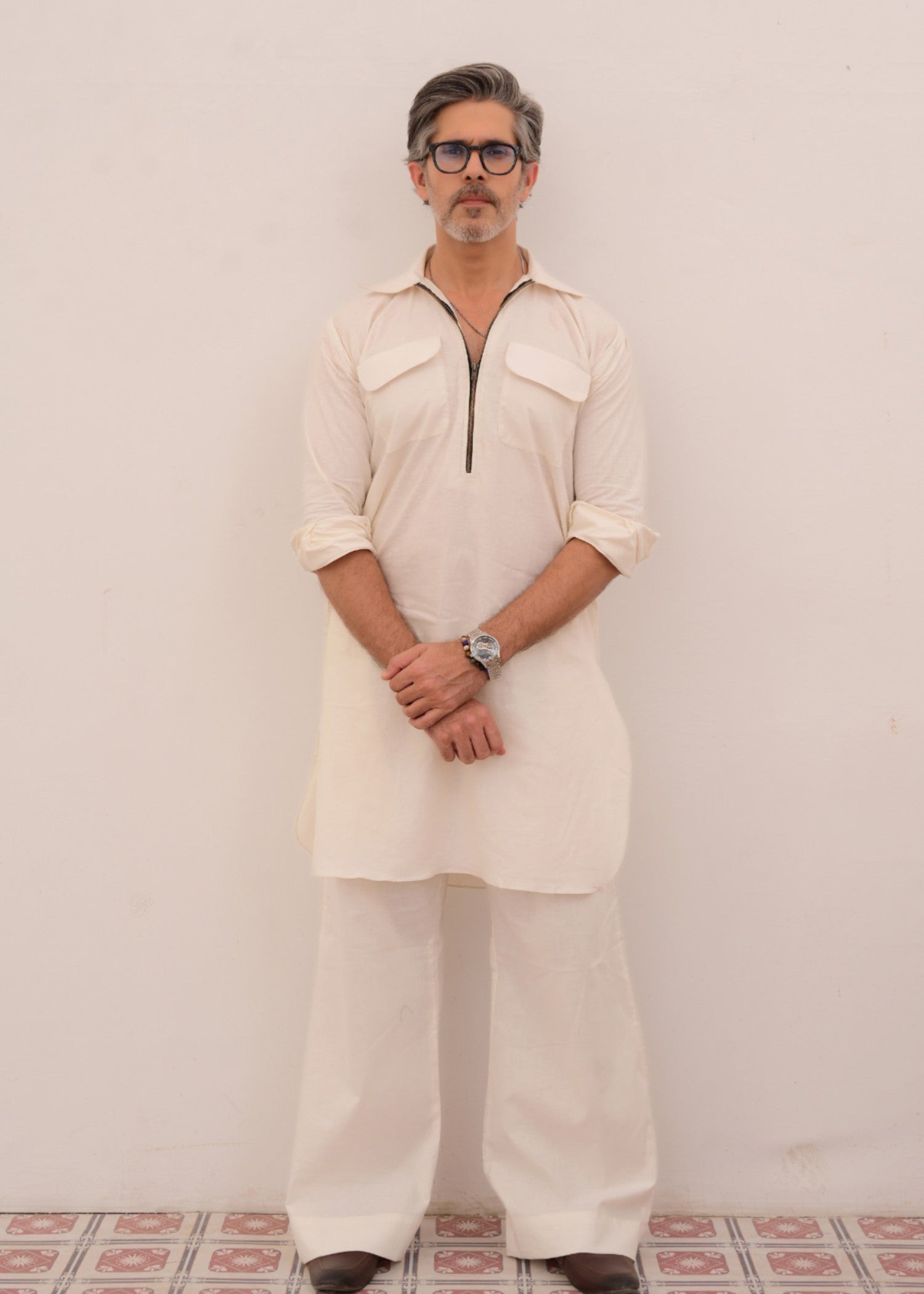 irish linen Kurta Set in Ivory