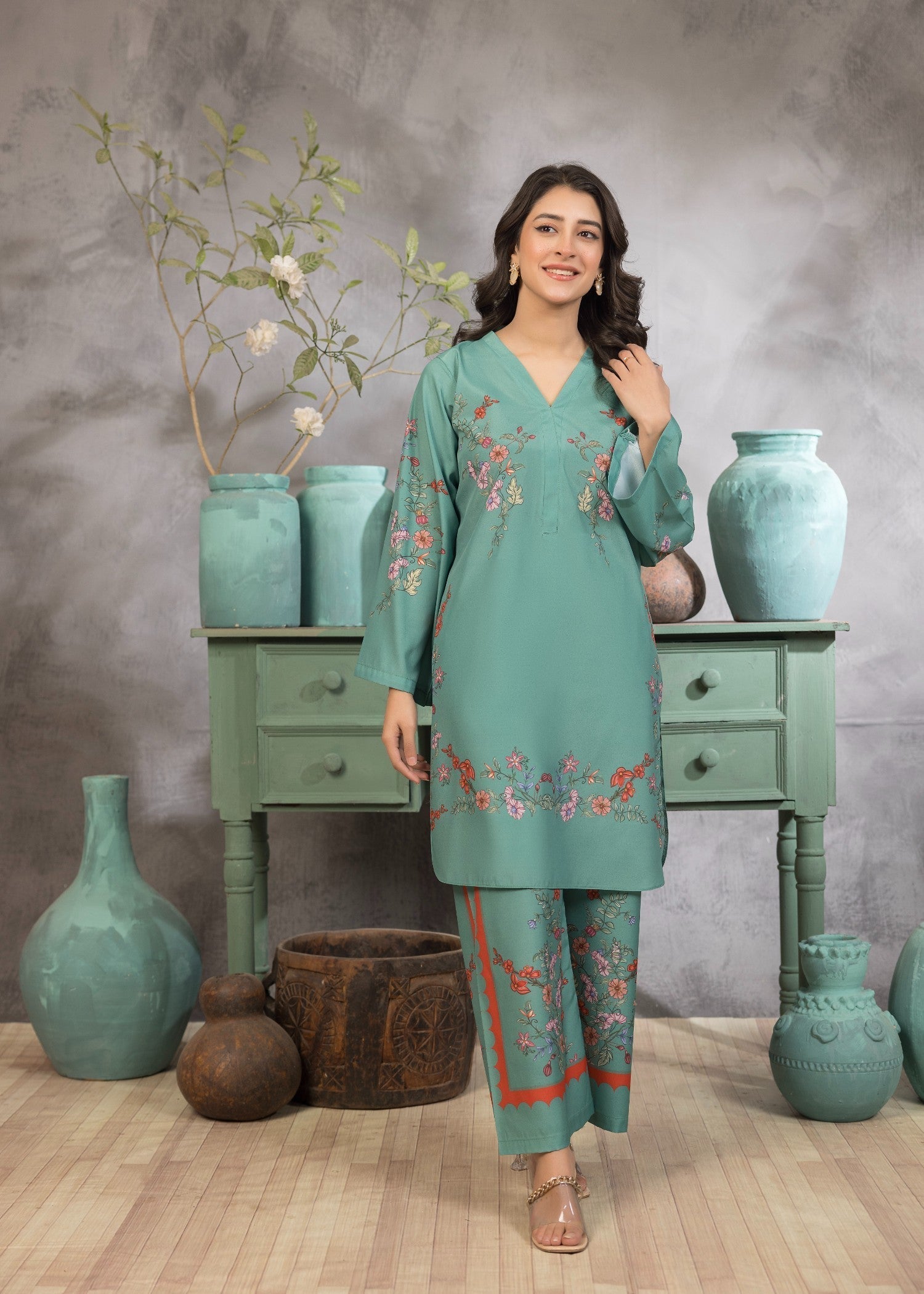 polyester crepe Kurta Set in Pastel green