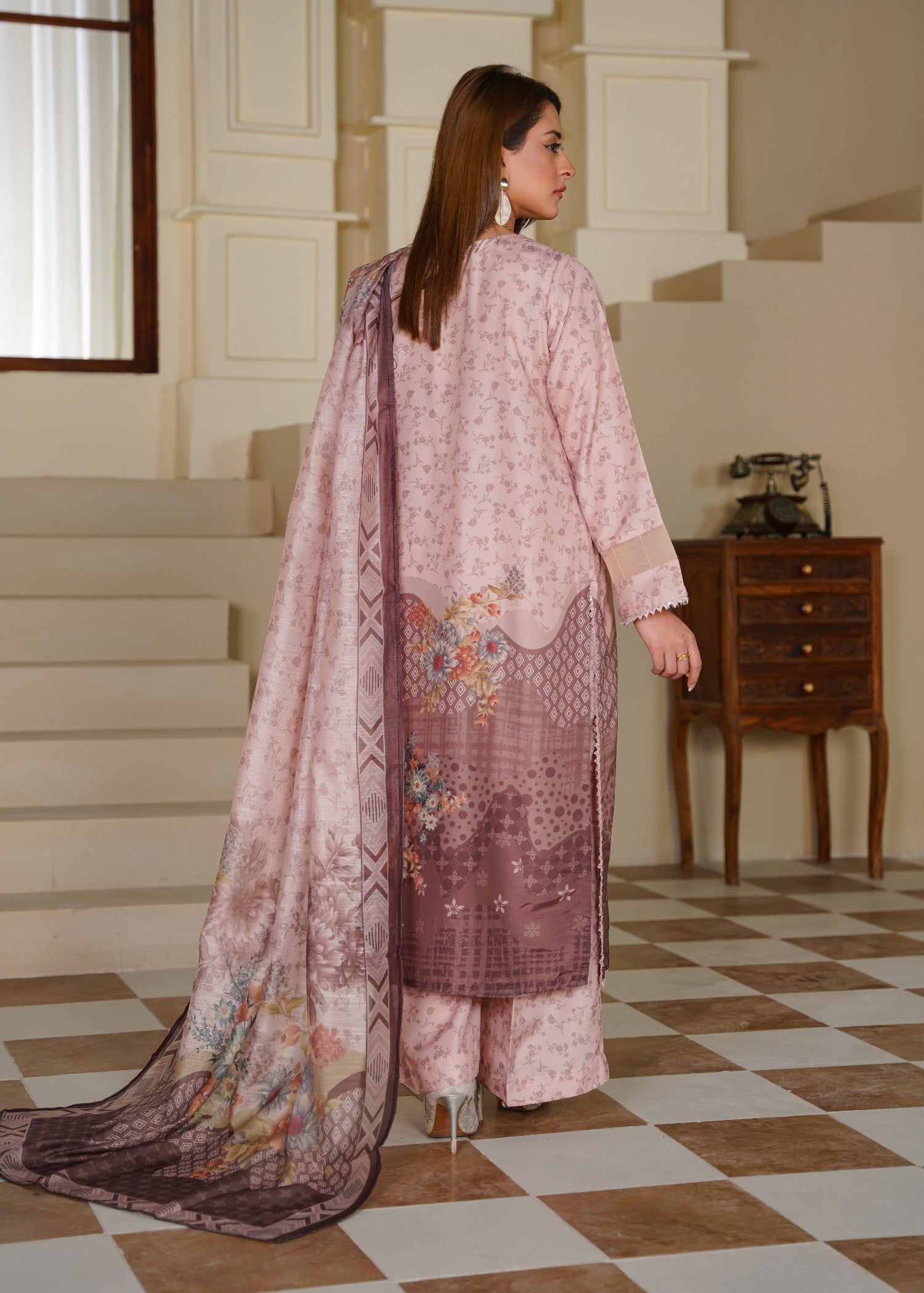 poly lawn Kurta Set in Peach pink