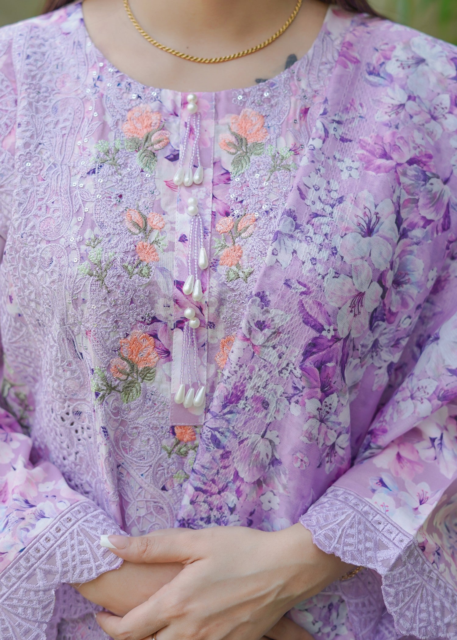 swiss lawn Kurta Set in Orchid pink