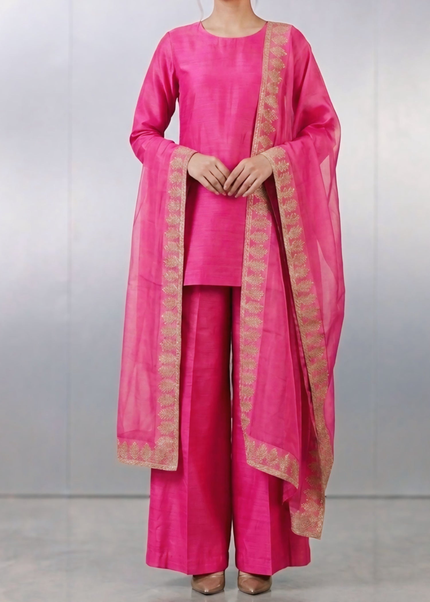 indian raw silk Kurta Set in Hot pink