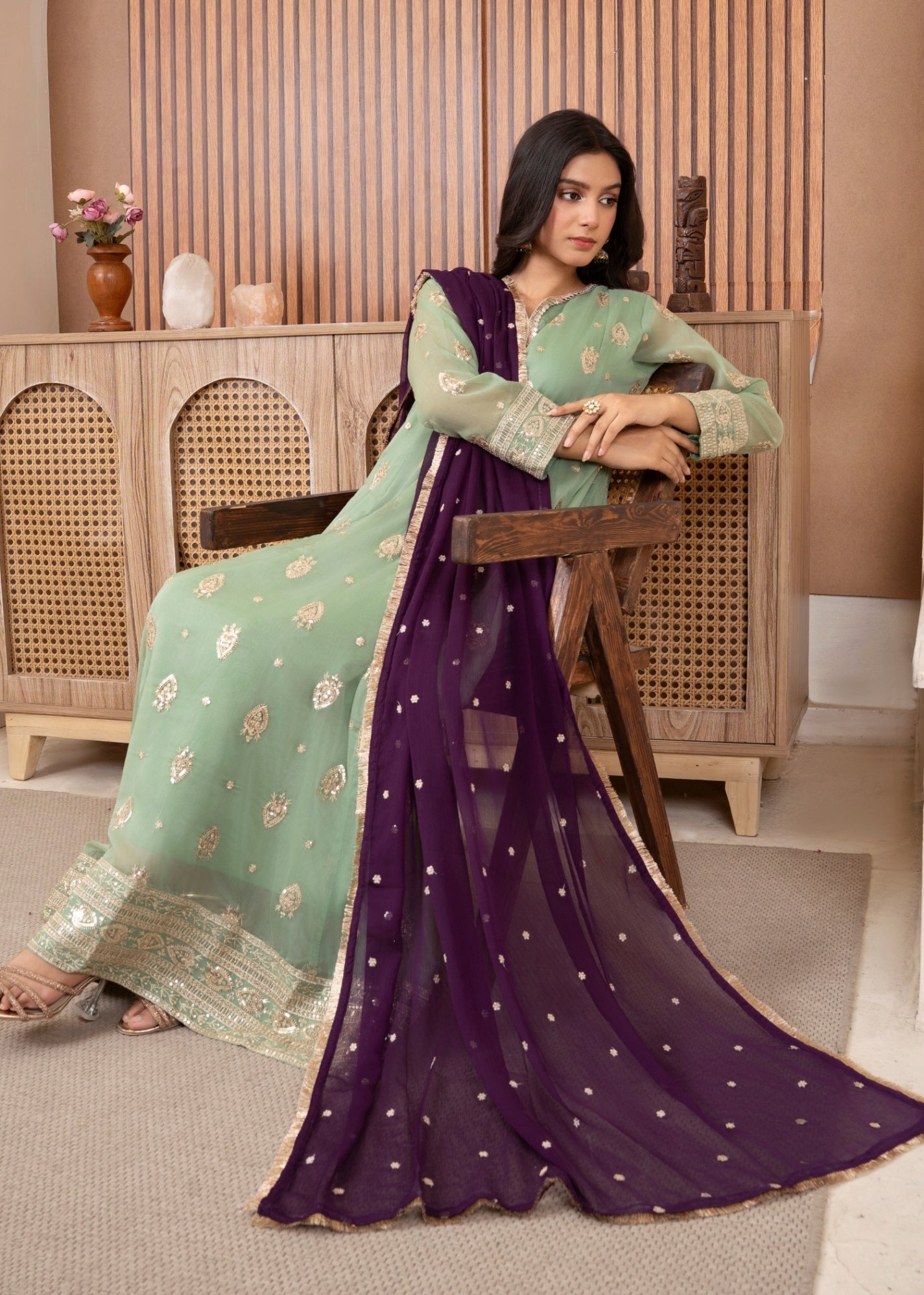 chiffon Pishwas in Pastel green