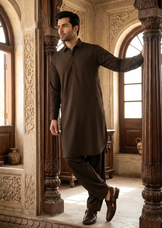 wash & wear Shalwar Kameez in Mocha brown by Dulha Fashion House