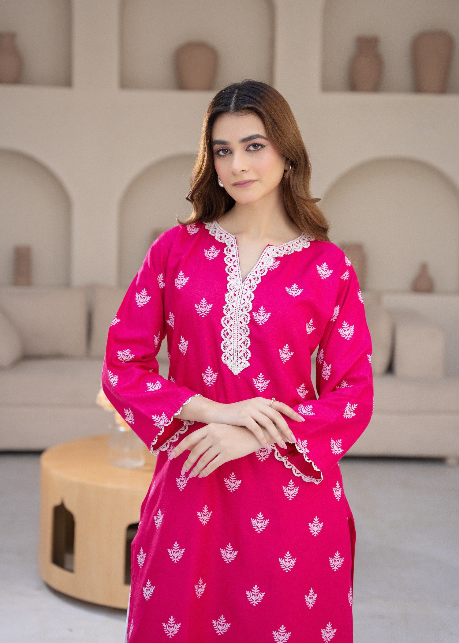 linen Kurta Set in White, hot pink red