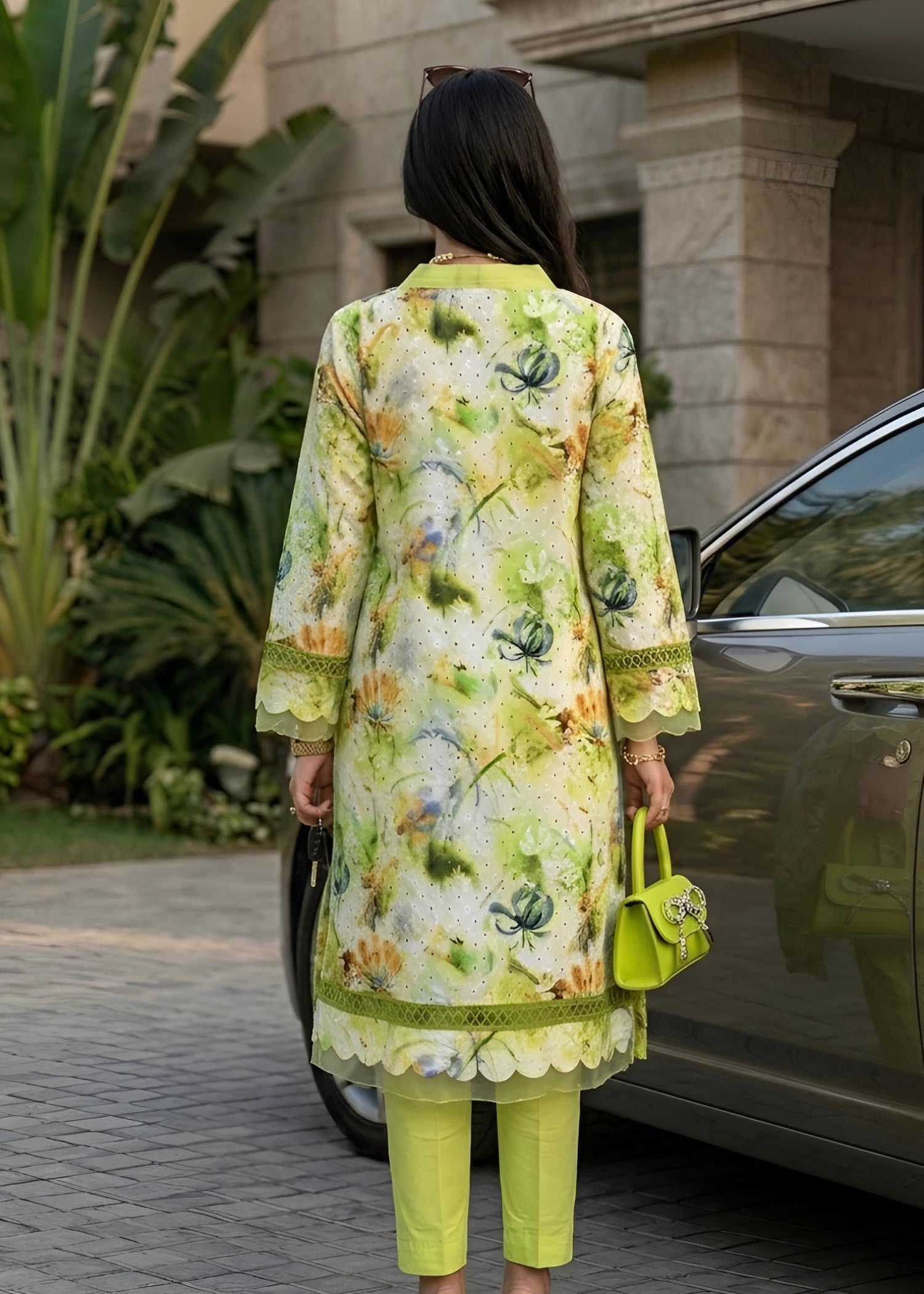lawn Kurta Set in Key lime, coral orange, pine green