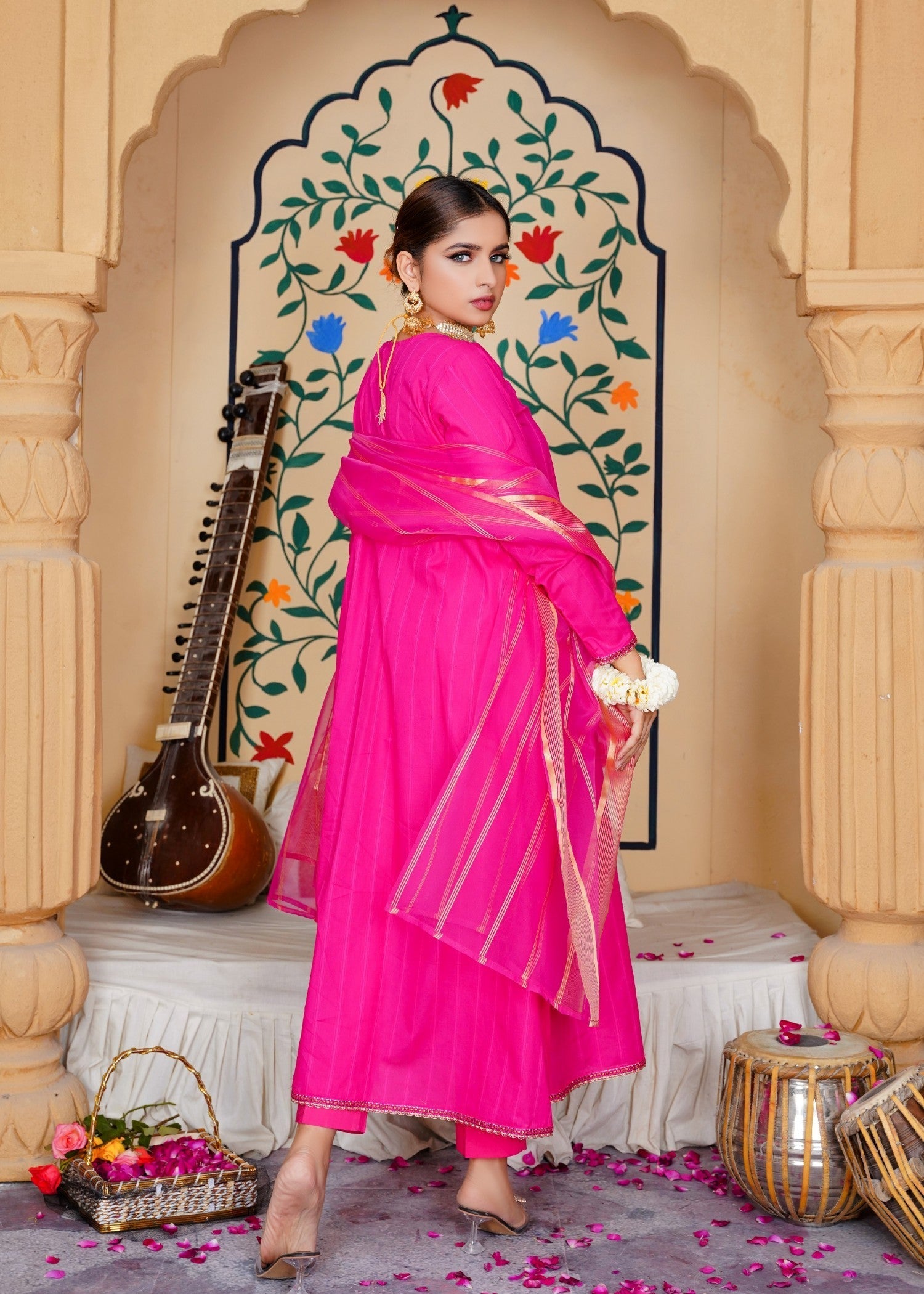 lawn Angrakha in Shocking pink