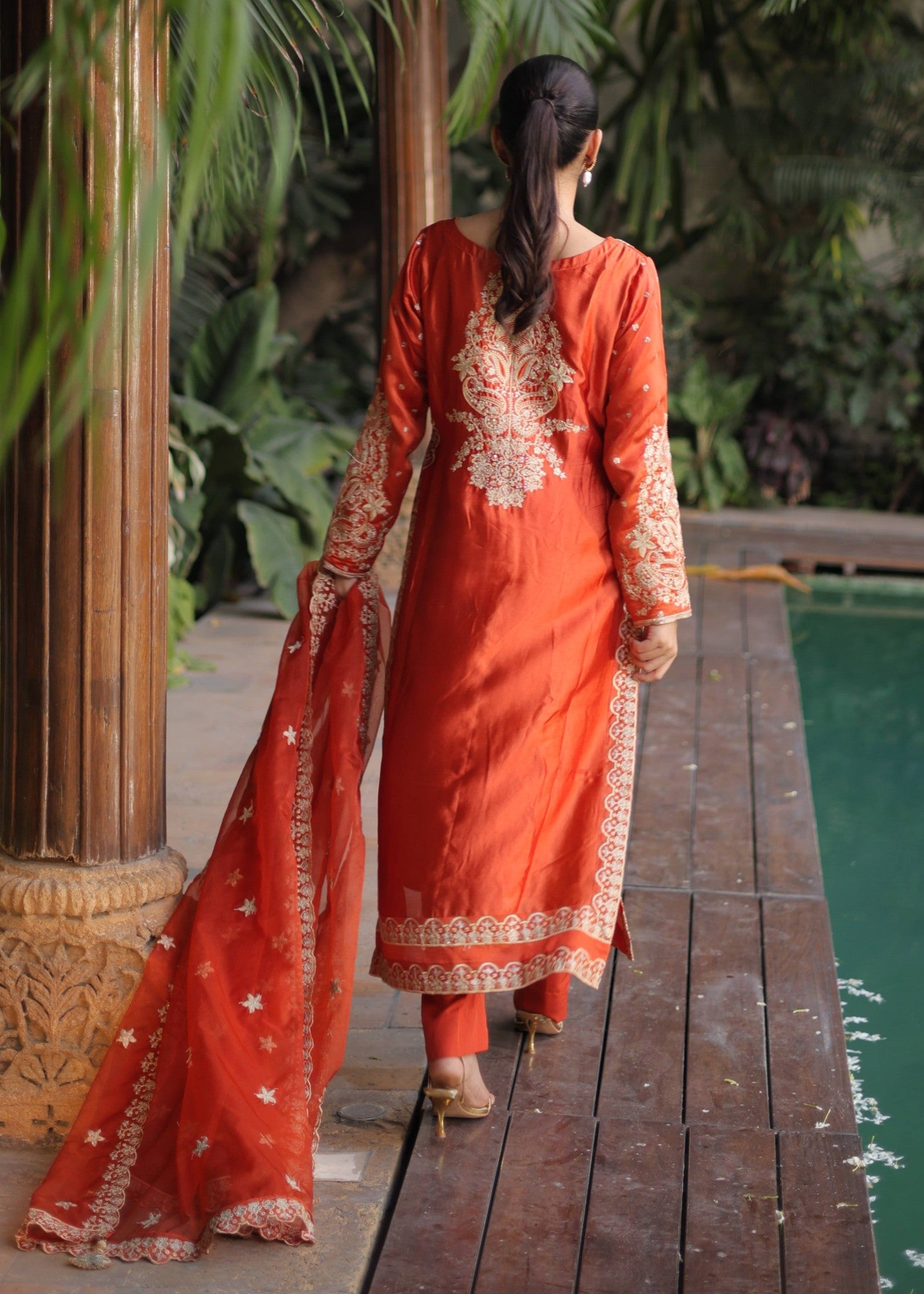 pure silk Kurta Set in Rust orange