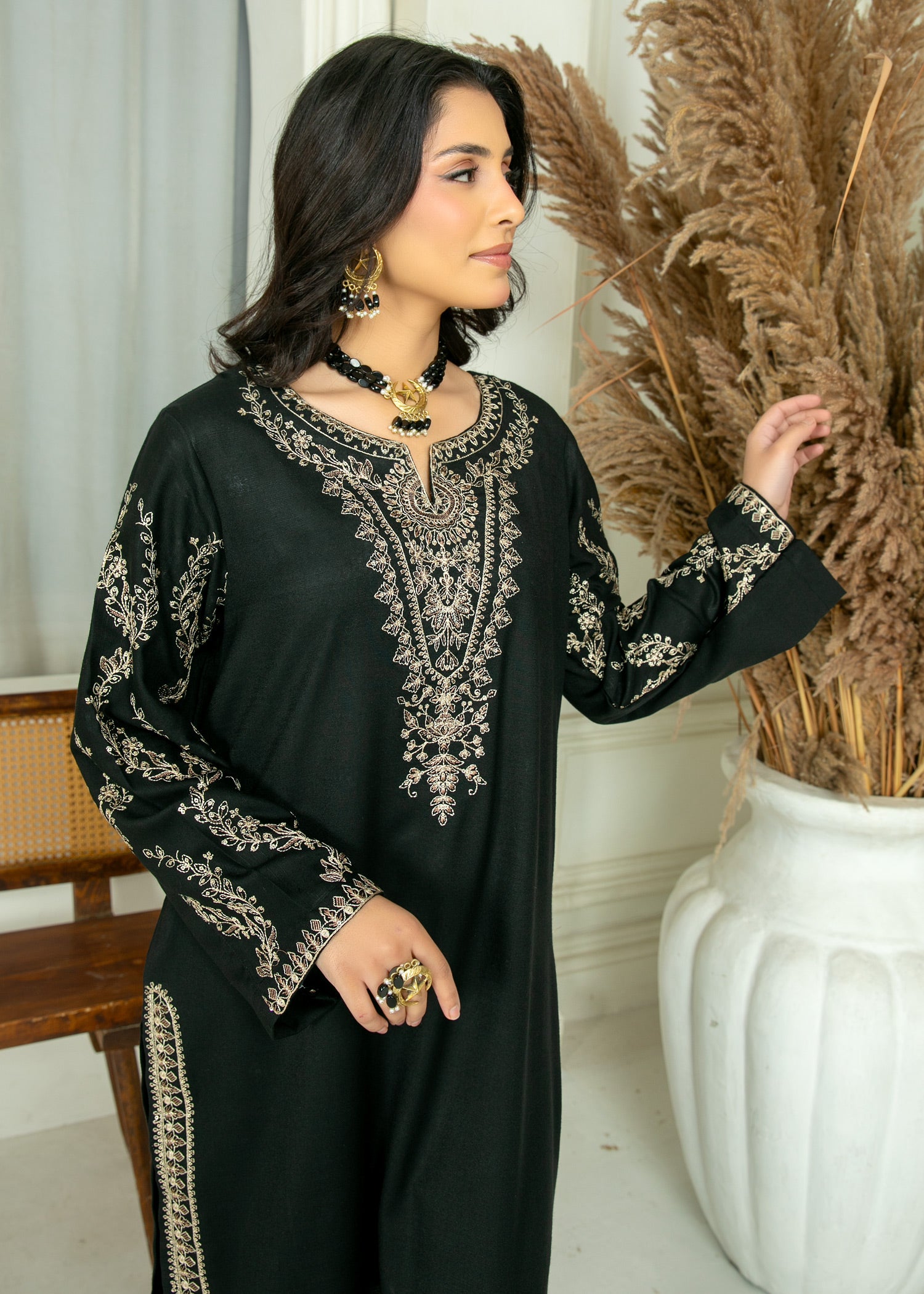 peach wool Kurta Set in Black