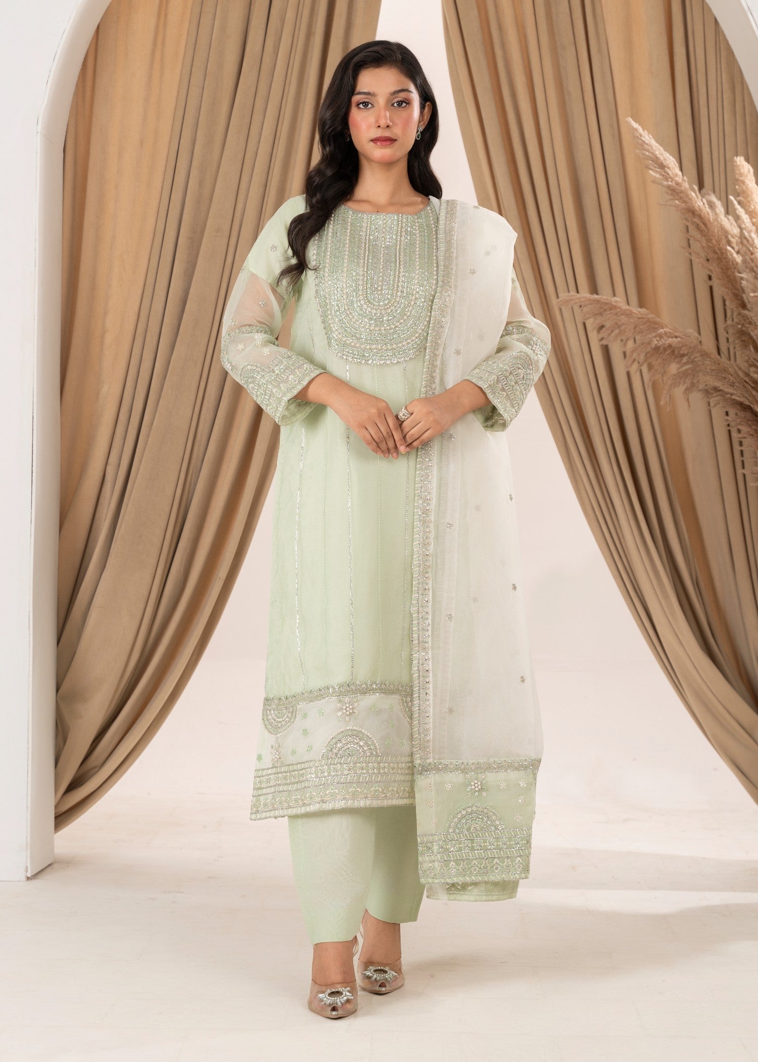 poly organza Kurta Set in Tea green