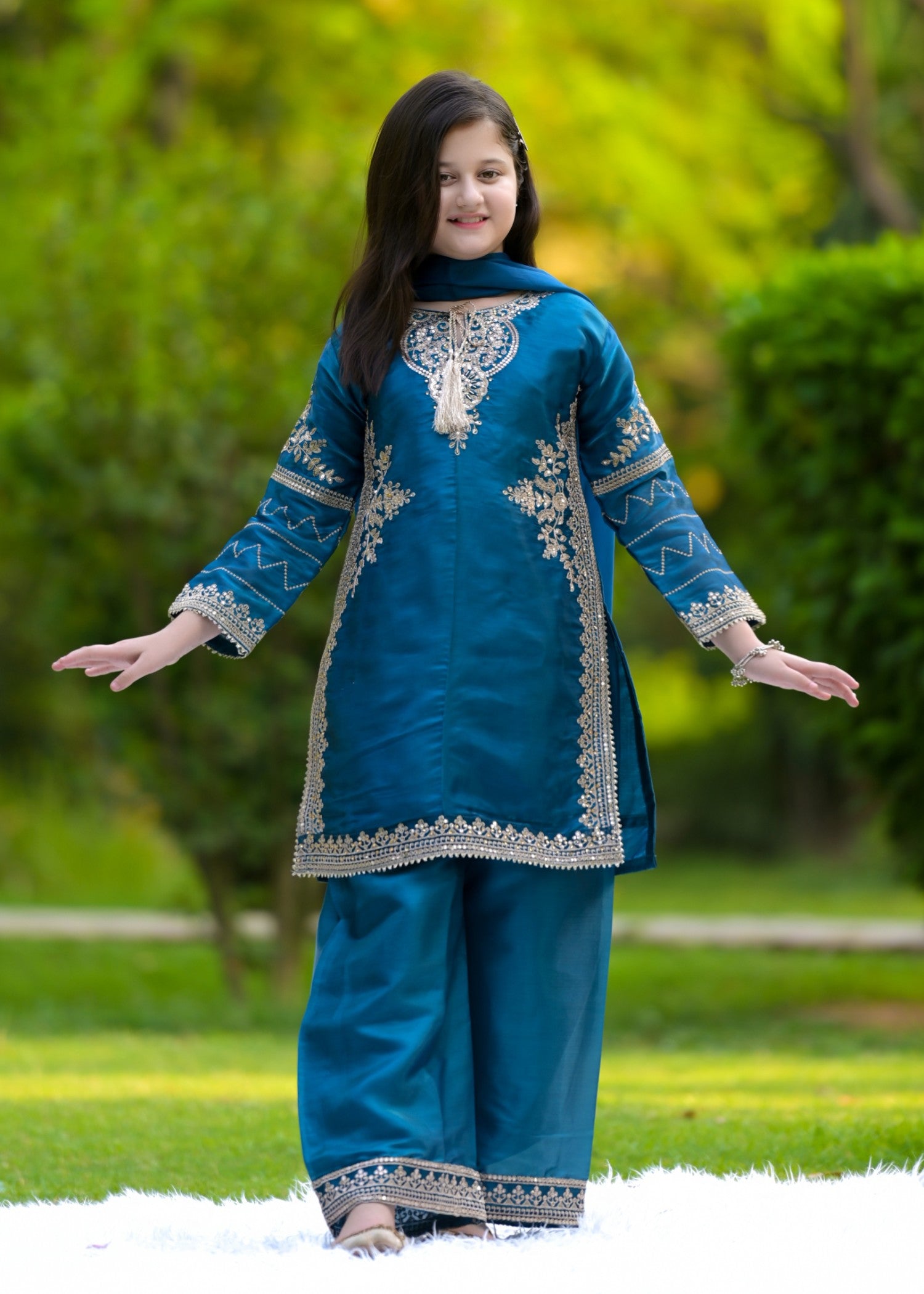 silk Kurta Set in Yale blue
