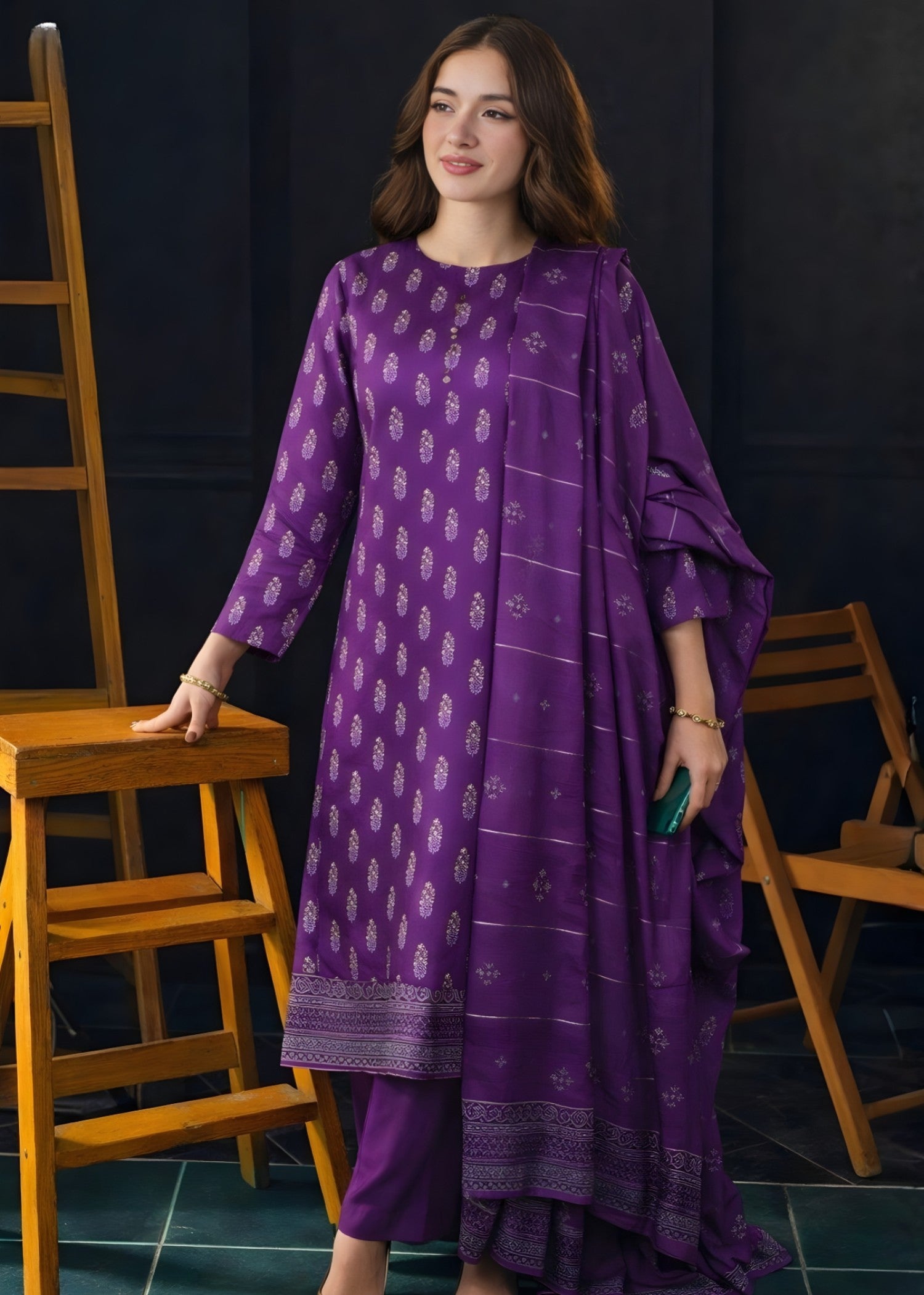 cambric Kurta Set in Royal purple