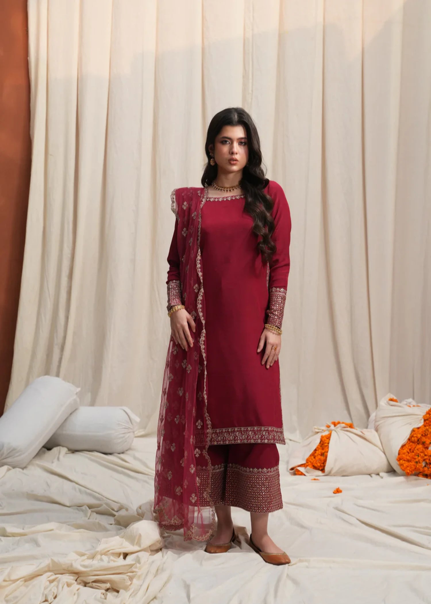 korean raw silk Kurta Set in Ruby red