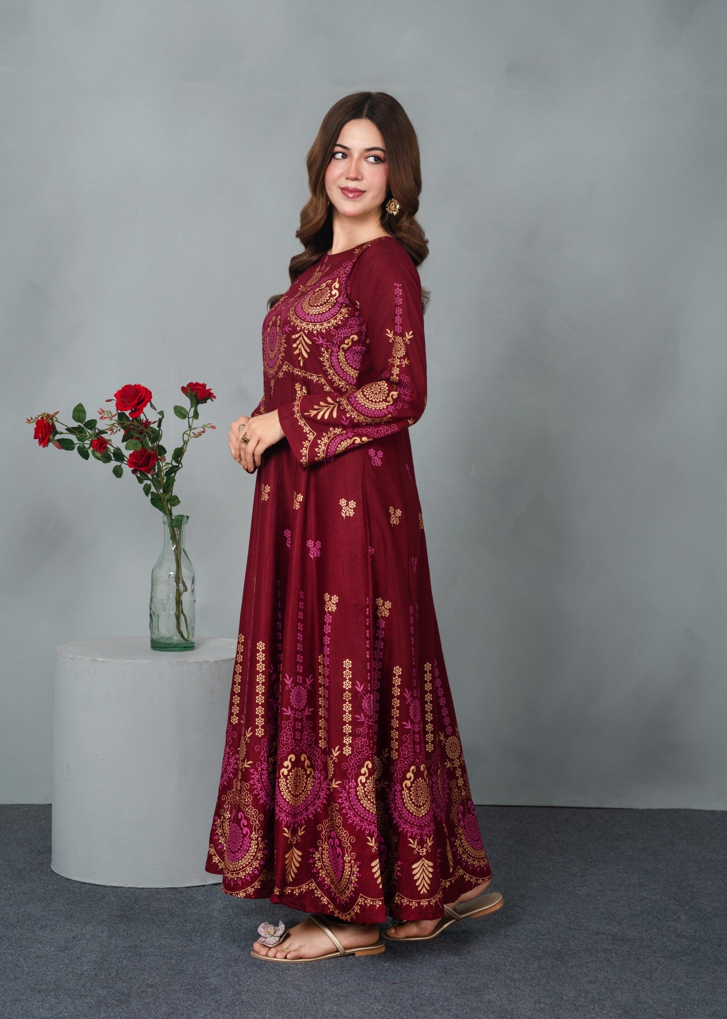 linen Anarkali in Maroon