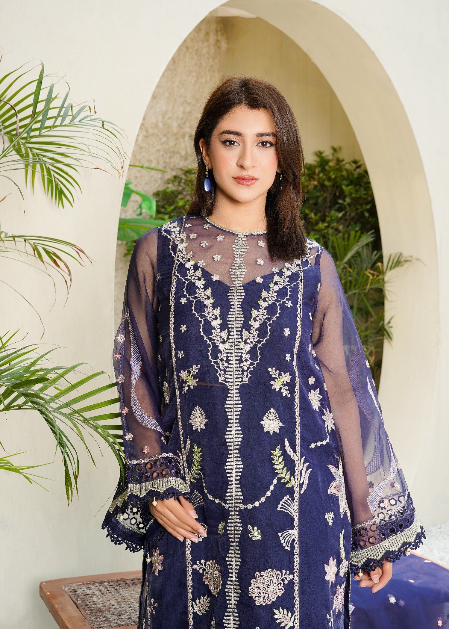 organza Kurta Set in Midnight blue