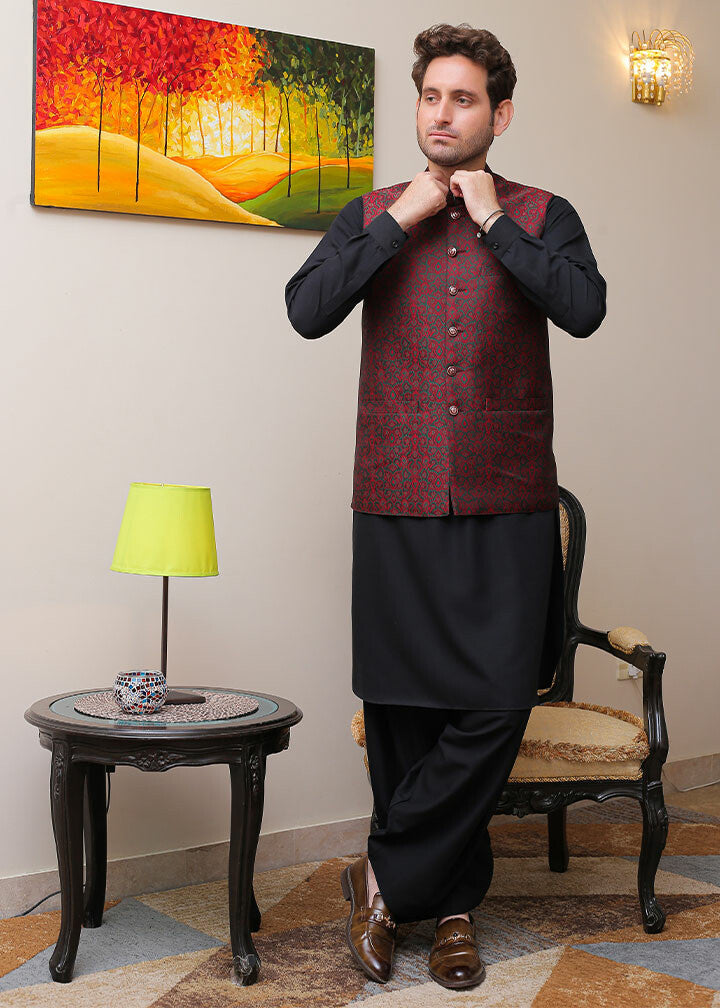 jamawar Waistcoat in Maroon