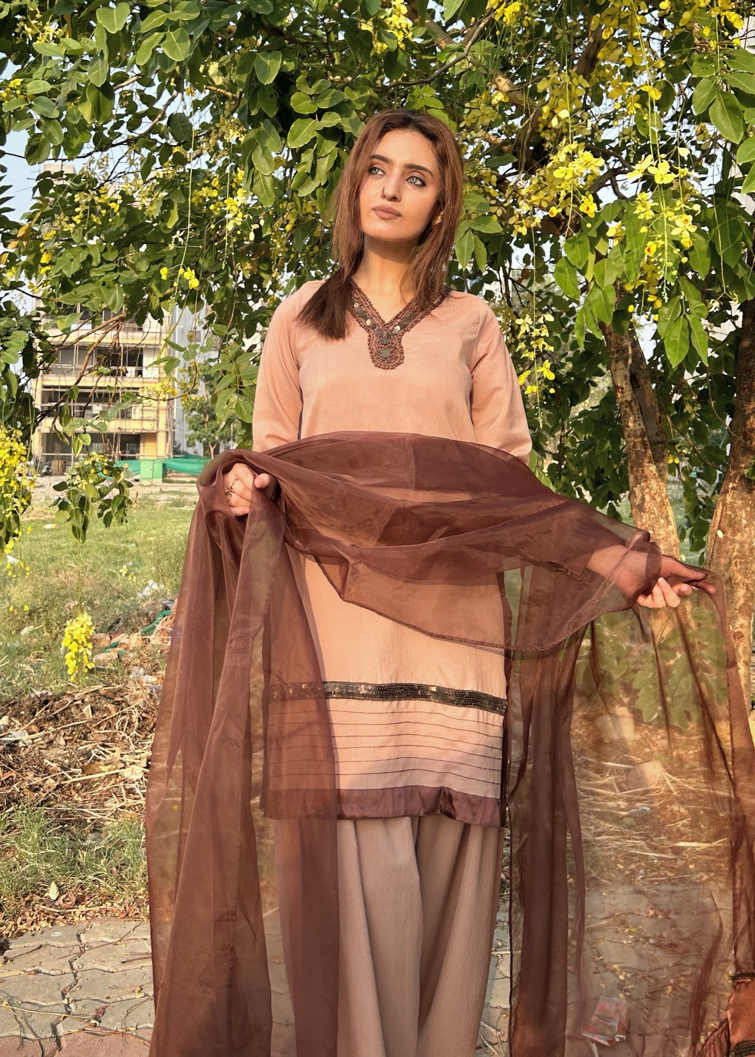 textured grip Kurta Set in Beige, chocolate brown