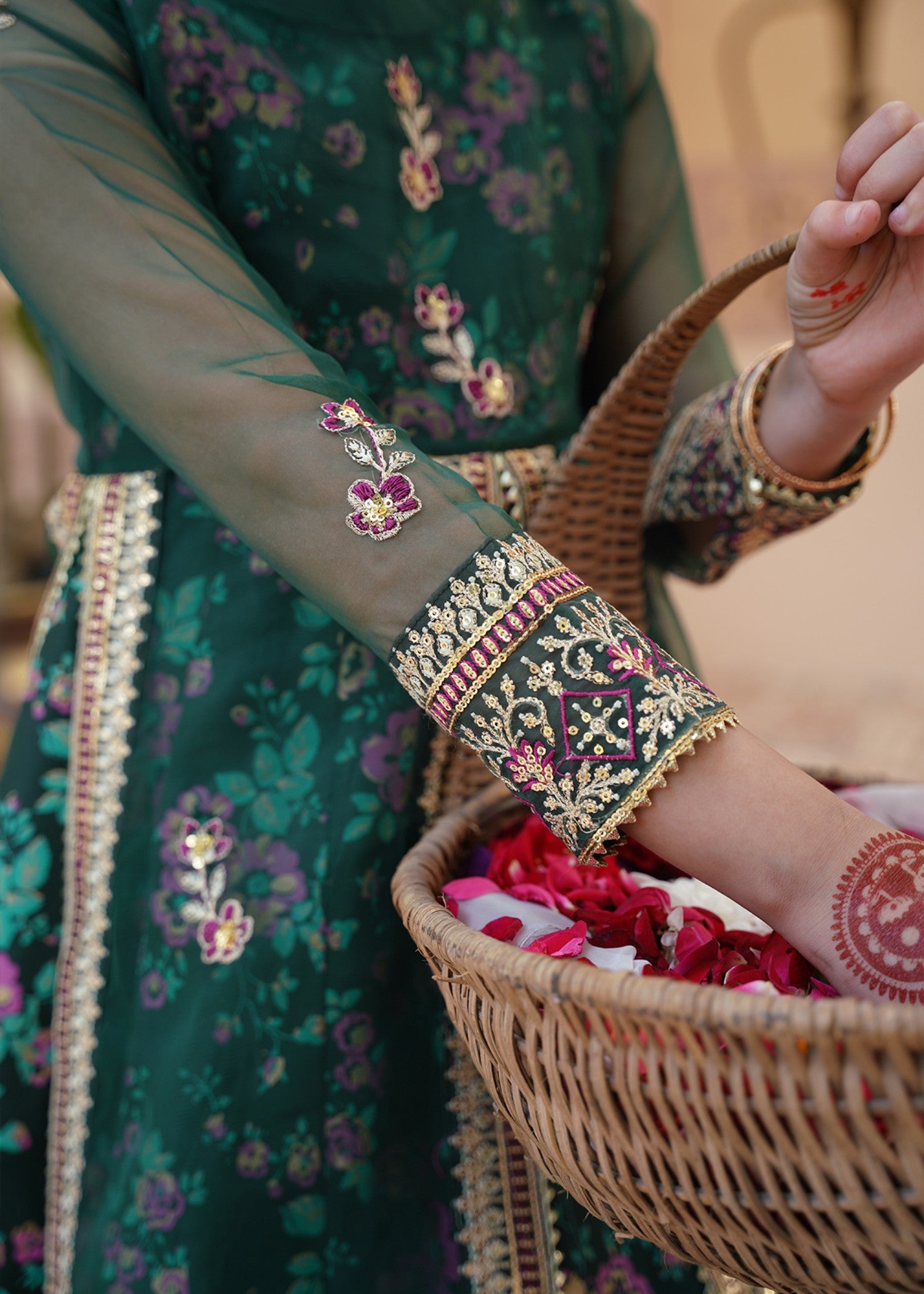 silk Pishwas in Forest green