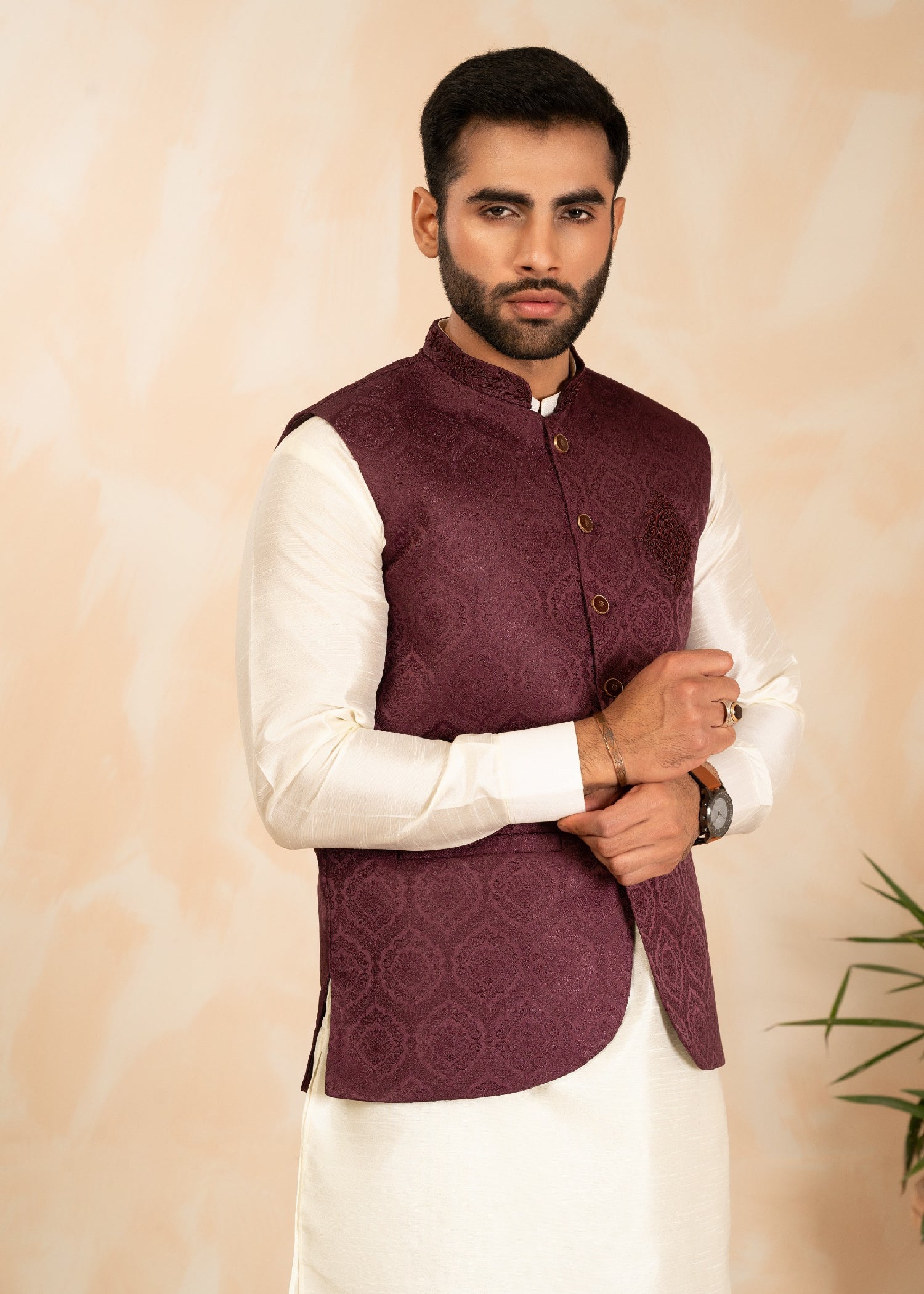 jamawar Waistcoat in Magenta
