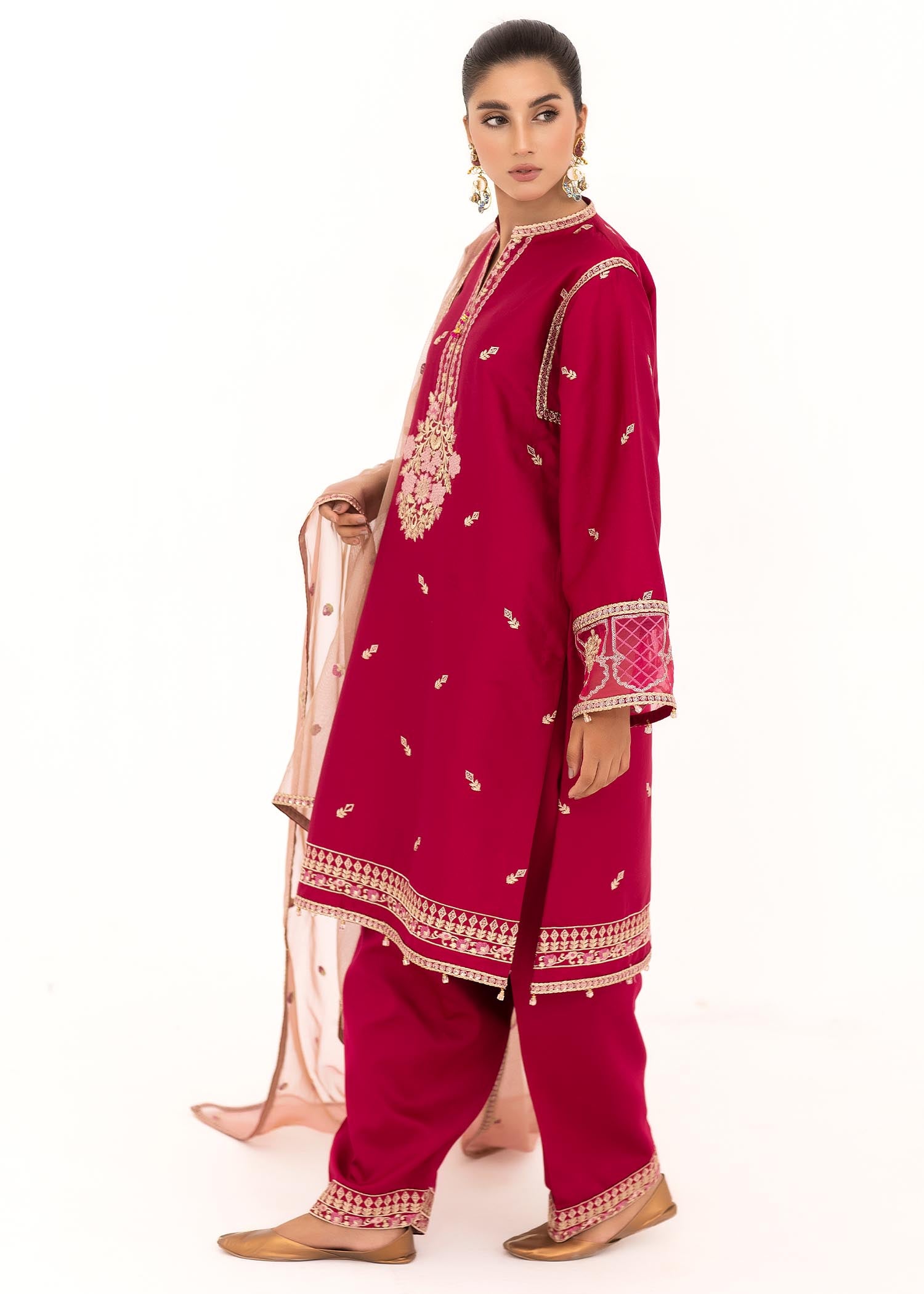 cotton satin Kurta Set in Red