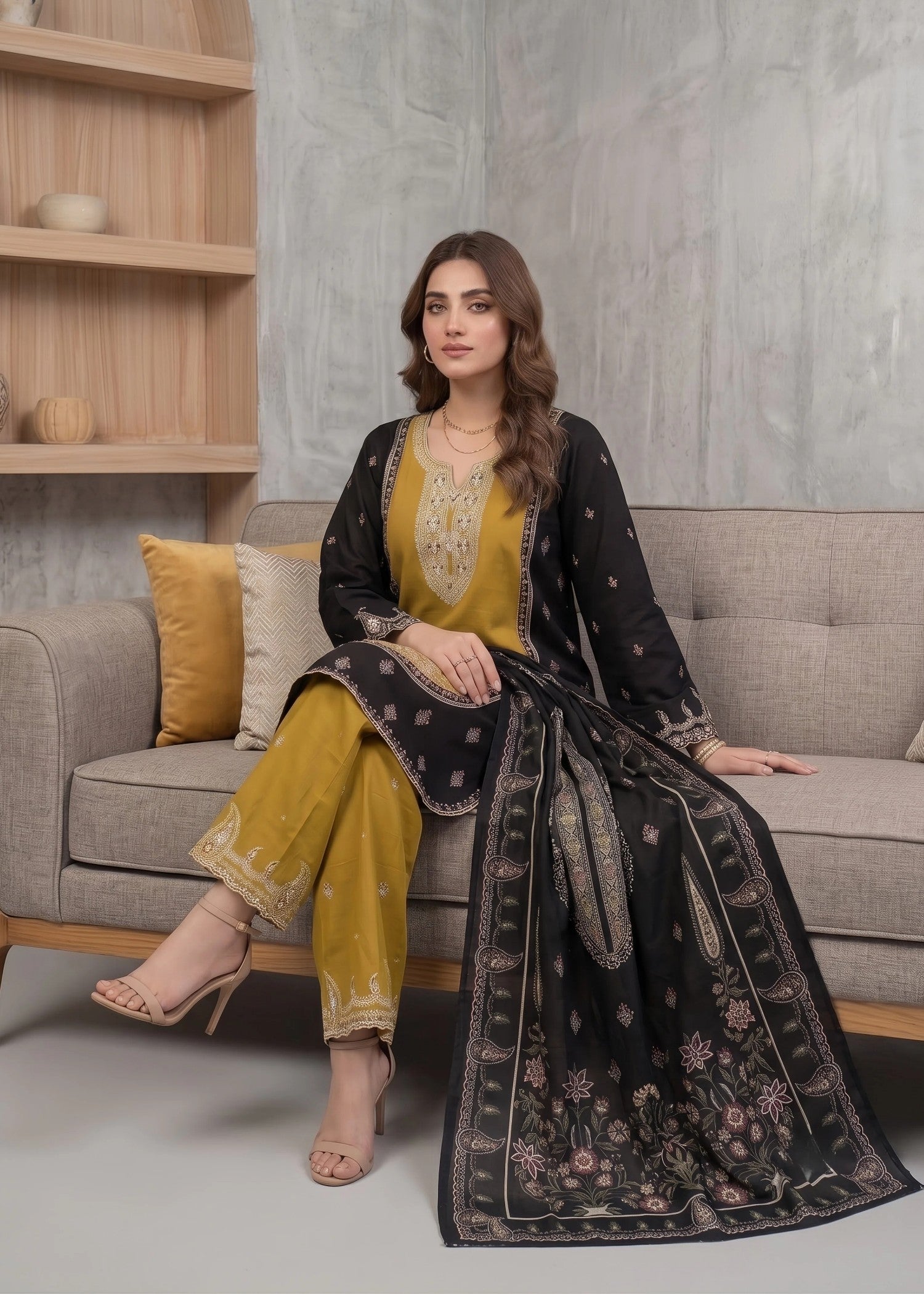 cotton linen Kurta Set in Black, goldenrod