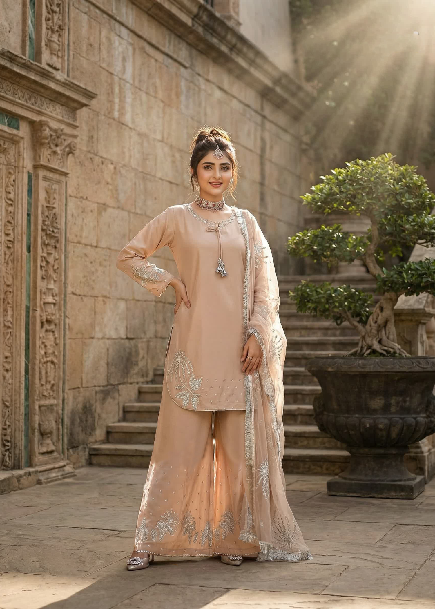 kattan silk Kurta Set in Peach pink